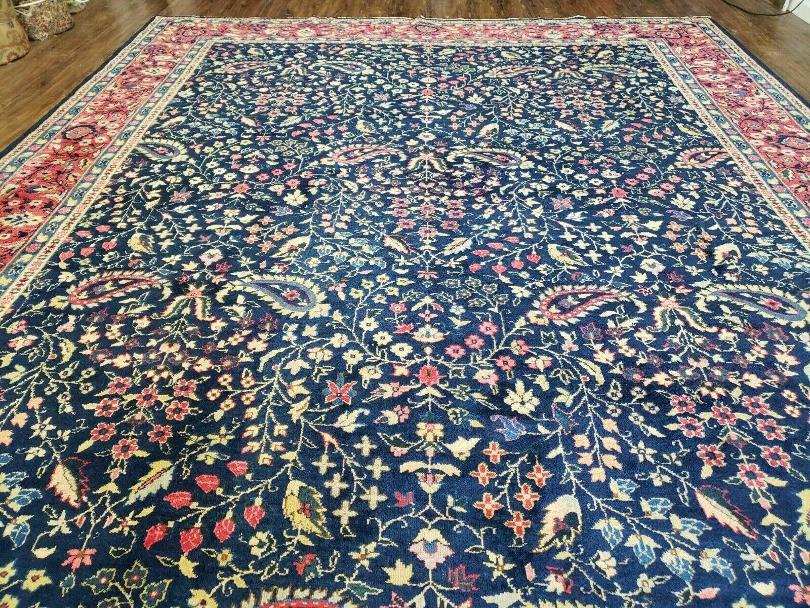 10' X 15.5' Antique Handmade Turkish Sparta Wool Area Rug Nice Navy Blue Red Organic - Jewel Rugs