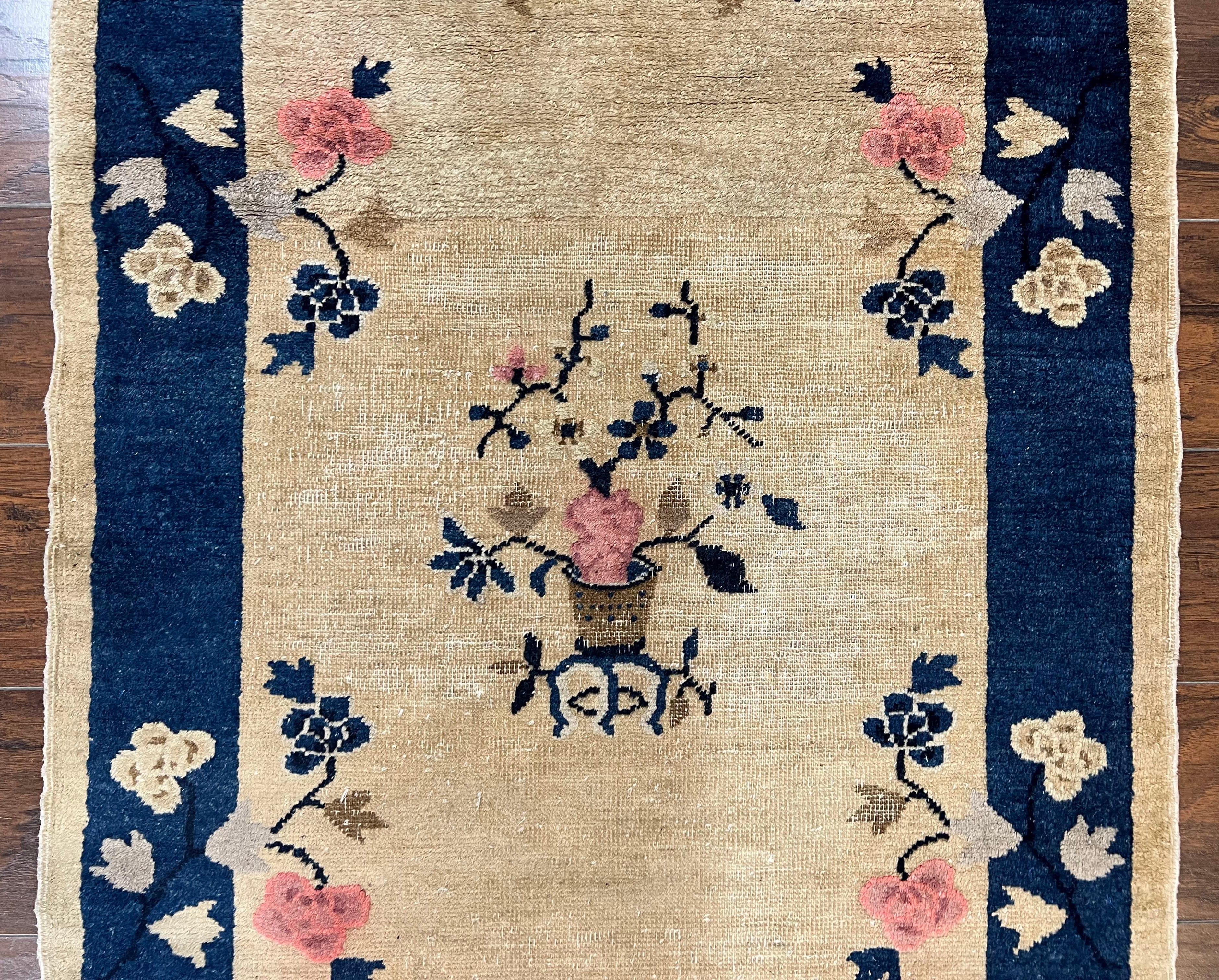 Antique Chinese Peking Rug 3x6, Beige and Dark Blue Hand Knotted Handmade Asian Oriental Carpet, Floral Vases, Vintage Wool Art Deco Rug - Jewel Rugs