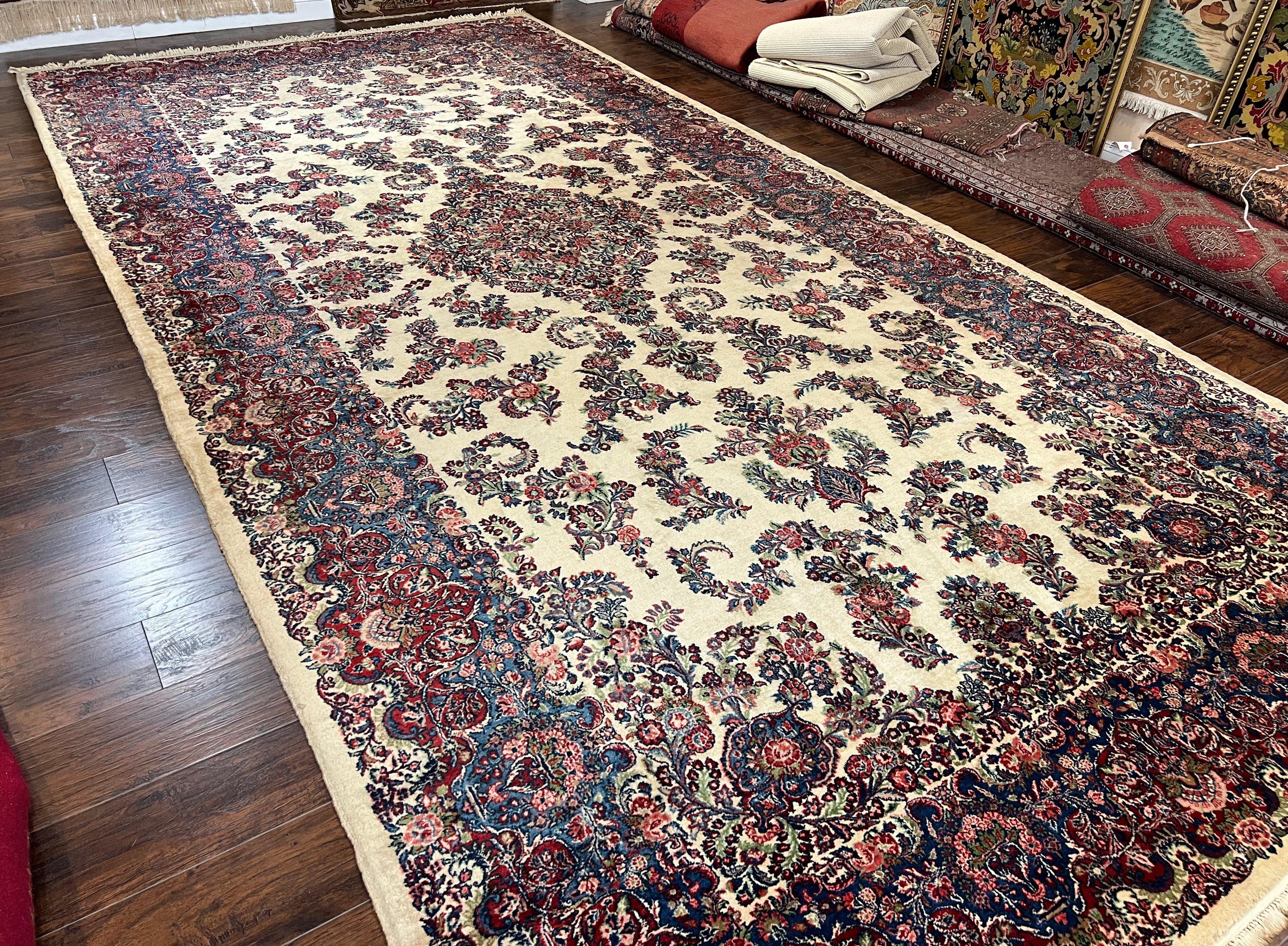 Beautiful Oversized Persian Kirman Rug 9x18 ft, Palace Sized Wool Handmade Oriental Carpet 9 x 18, Ivory Cream Dark Red Blue, 1940s Vintage Floral - Jewel Rugs