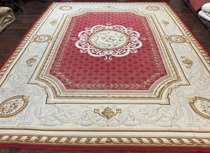 Aubusson Rug 9x12 ft, Red and Ivory Elegant Aubusson Carpet, Flatweave, Vintage Wool Handmade Area Rug 9 x 12, French European Design - Jewel Rugs