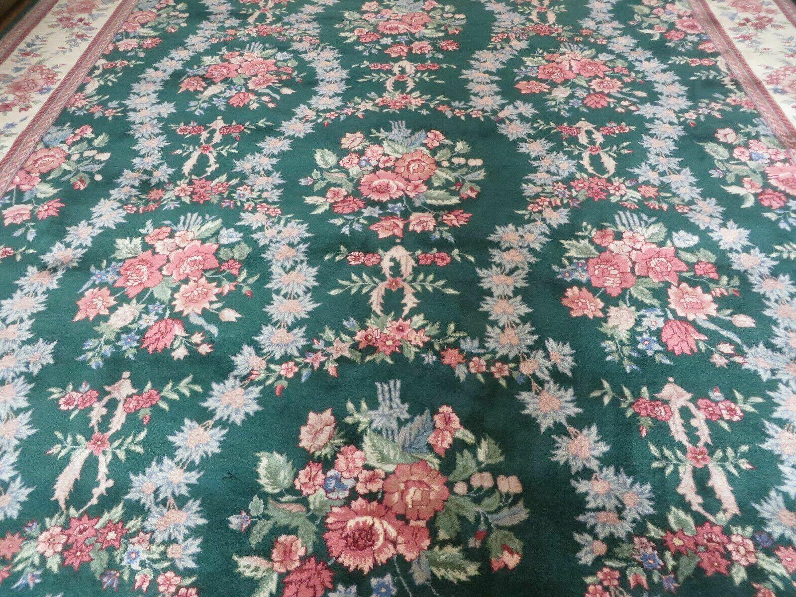 9' X 12' Fine Wiliiam Morris India Oriental Floral Hand Made Green Wool Rug - Jewel Rugs