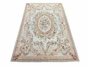 Aubusson Savonnerie Carpet 6x9 ft, Beige, Ivory, Cream, Traditional French European Design, Handmade, Brand New Hand-Knotted Needlepoint Rug - Jewel Rugs