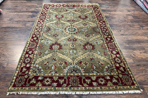 Vintage Indo Mahal Area Rug 5.7 x 9, Indian Persian Oriental Carpet, Green Maroon Beige Rug, Hand-Knotted, Floral Design, Wool, Medium Rug - Jewel Rugs