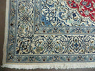 Semi Antique Persian Nain Rug, Square Oriental Carpet, 6'3" x 6' 8", Hand-Knotted, Wool with Silk Accents, Ivory Red Blue, 6ft Square Rug - Jewel Rugs