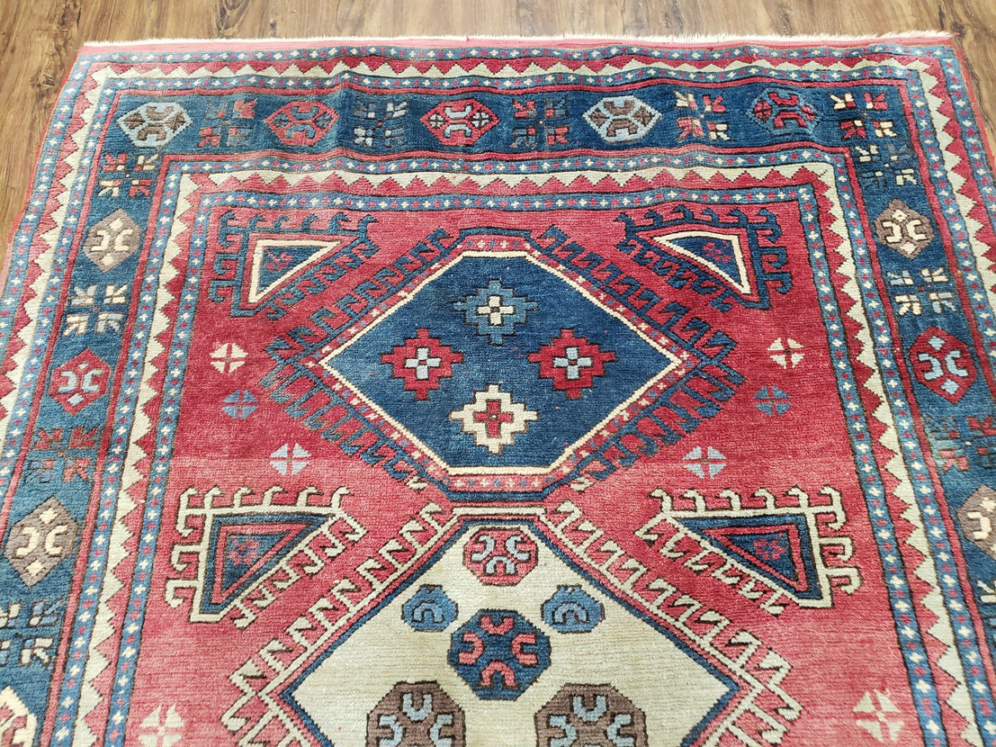 Turkish Kazak Rug 3x4, Wool Hand Knotted Small Vintage Carpet, Red Nav –  Jewel Rugs