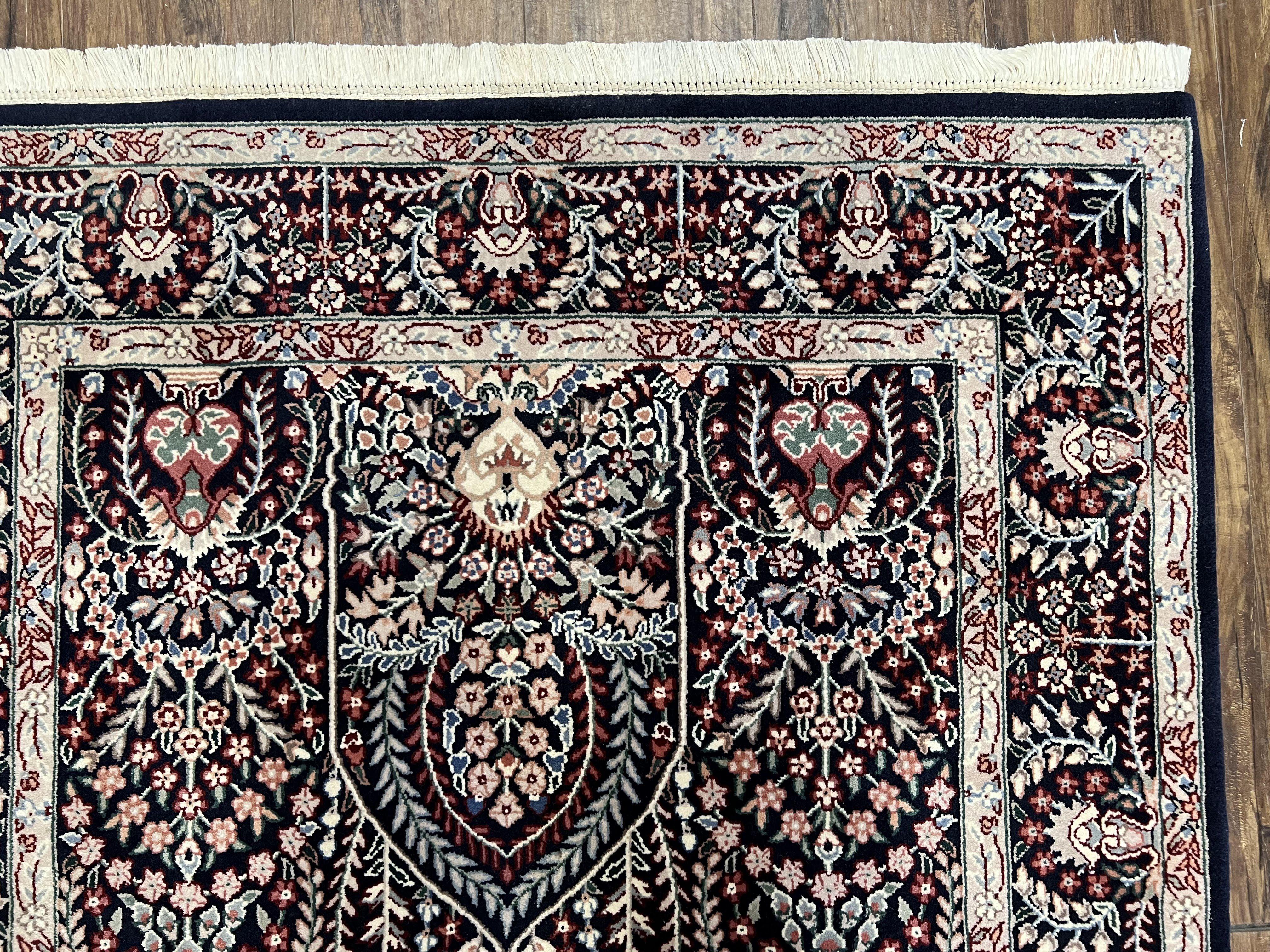 Fine Indo Kirman Persian Rug 3'9" x 6', Floral Allover Millefleurs, Persian Vase Rug Vintage Oriental Carpet Wool Handmade Black Indian Rug - Jewel Rugs