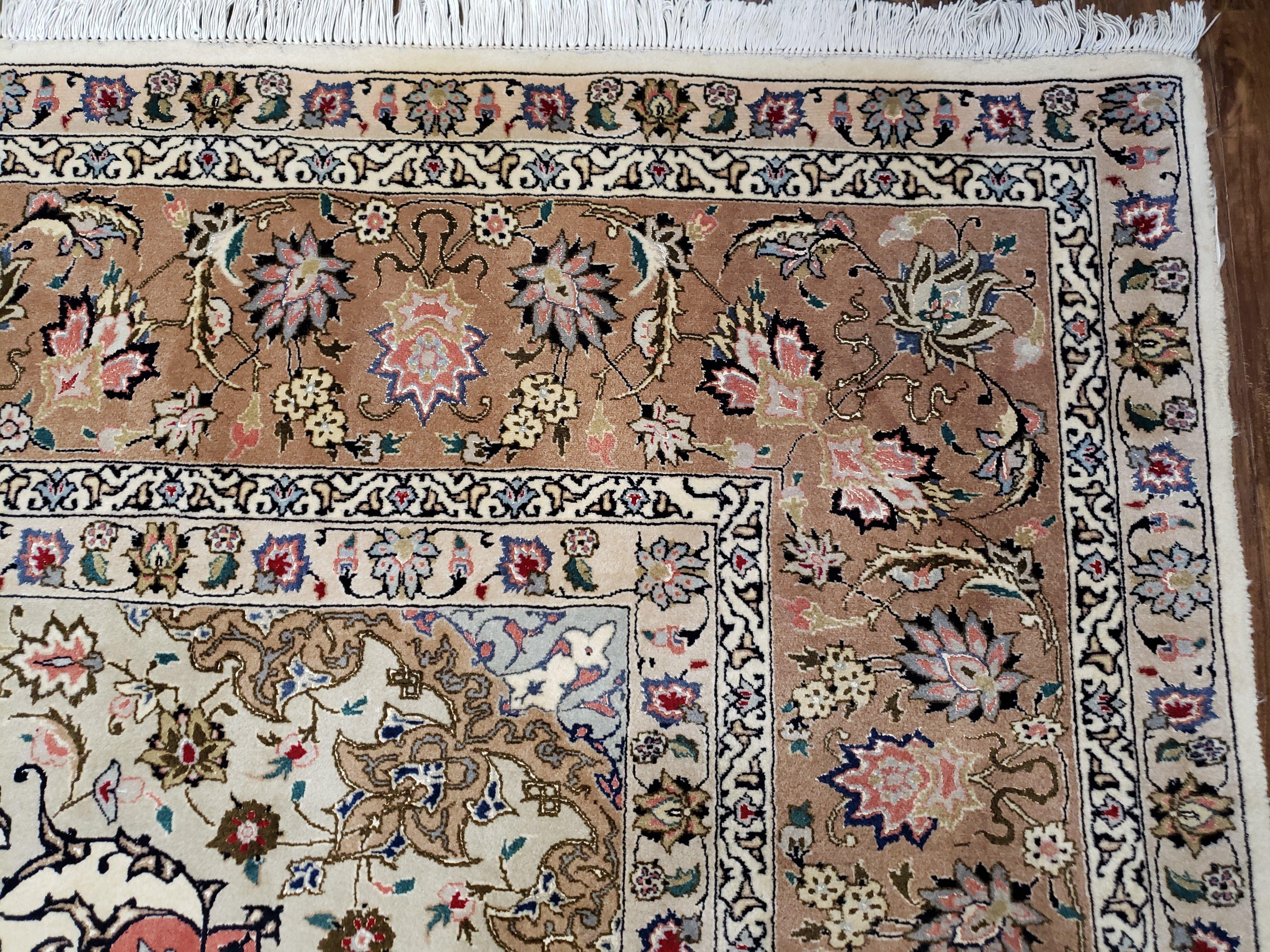 Vintage Persian Tabriz Rug, Ivory & Rose Red, Hand-Knotted, Wool and Silk Highlights, 8'2" x 11'2" - Jewel Rugs