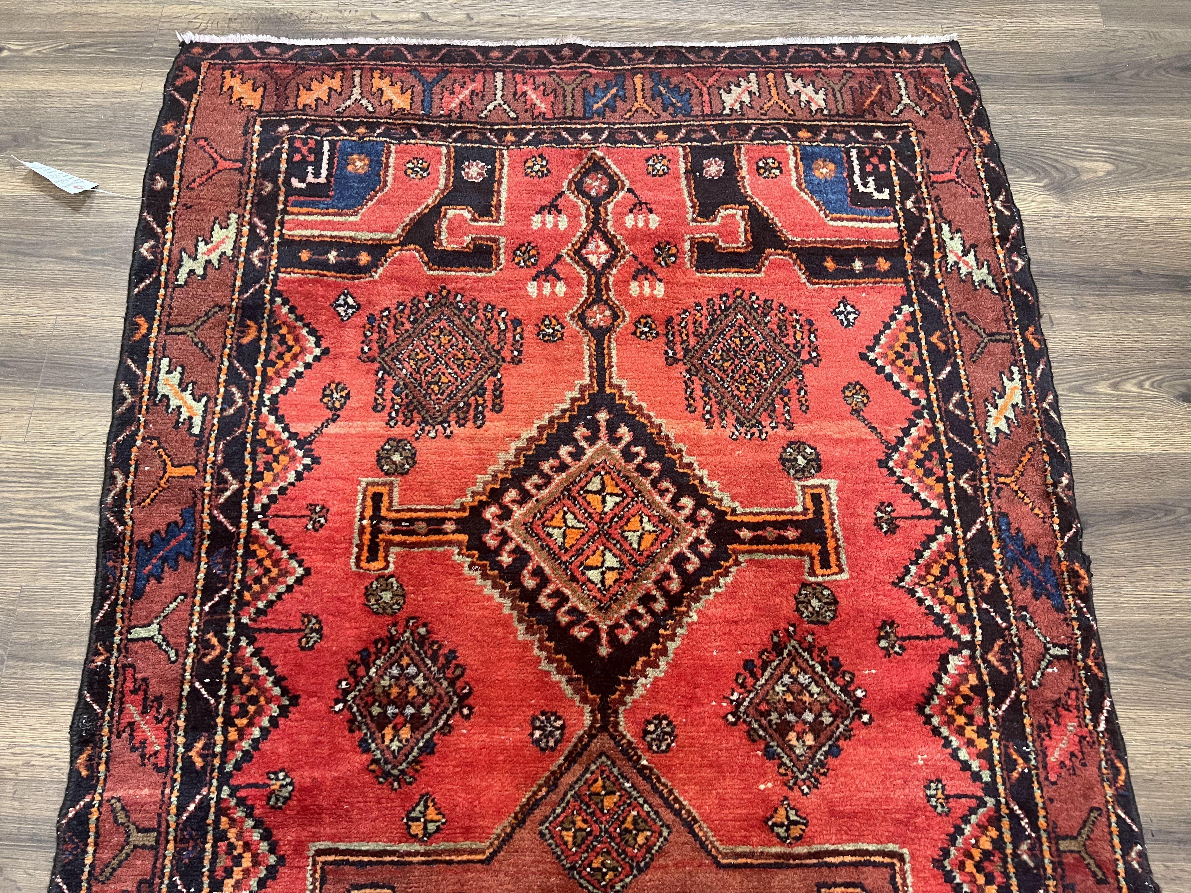 Persian Tribal Runner Rug 4.2 x 10.6, Wide Nahavand Hamadan Runner Rug, Bohemian Carpet, Red Kitchen Runner, Handmade Wool Antique Geometric Medallions - Jewel Rugs