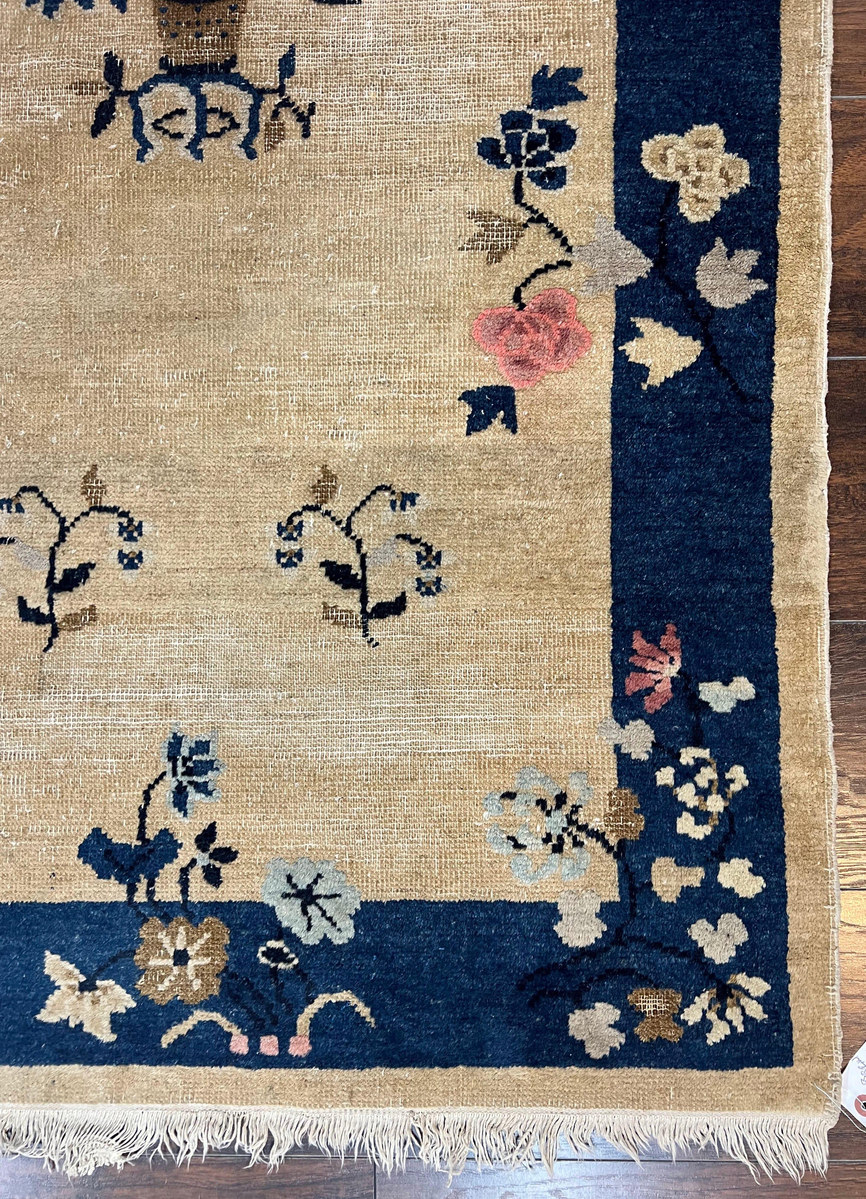 Antique Chinese Peking Rug 3x6, Beige and Dark Blue Hand Knotted Handmade Asian Oriental Carpet, Floral Vases, Vintage Wool Art Deco Rug - Jewel Rugs
