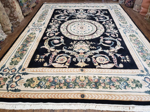 Vintage Chinese Aubusson Savonnerie Wool Area Rug, Hand-Knotted, Black & Beige, Elegant 9x12 Living Room Carpet 8.11 x 12.7 European Design - Jewel Rugs