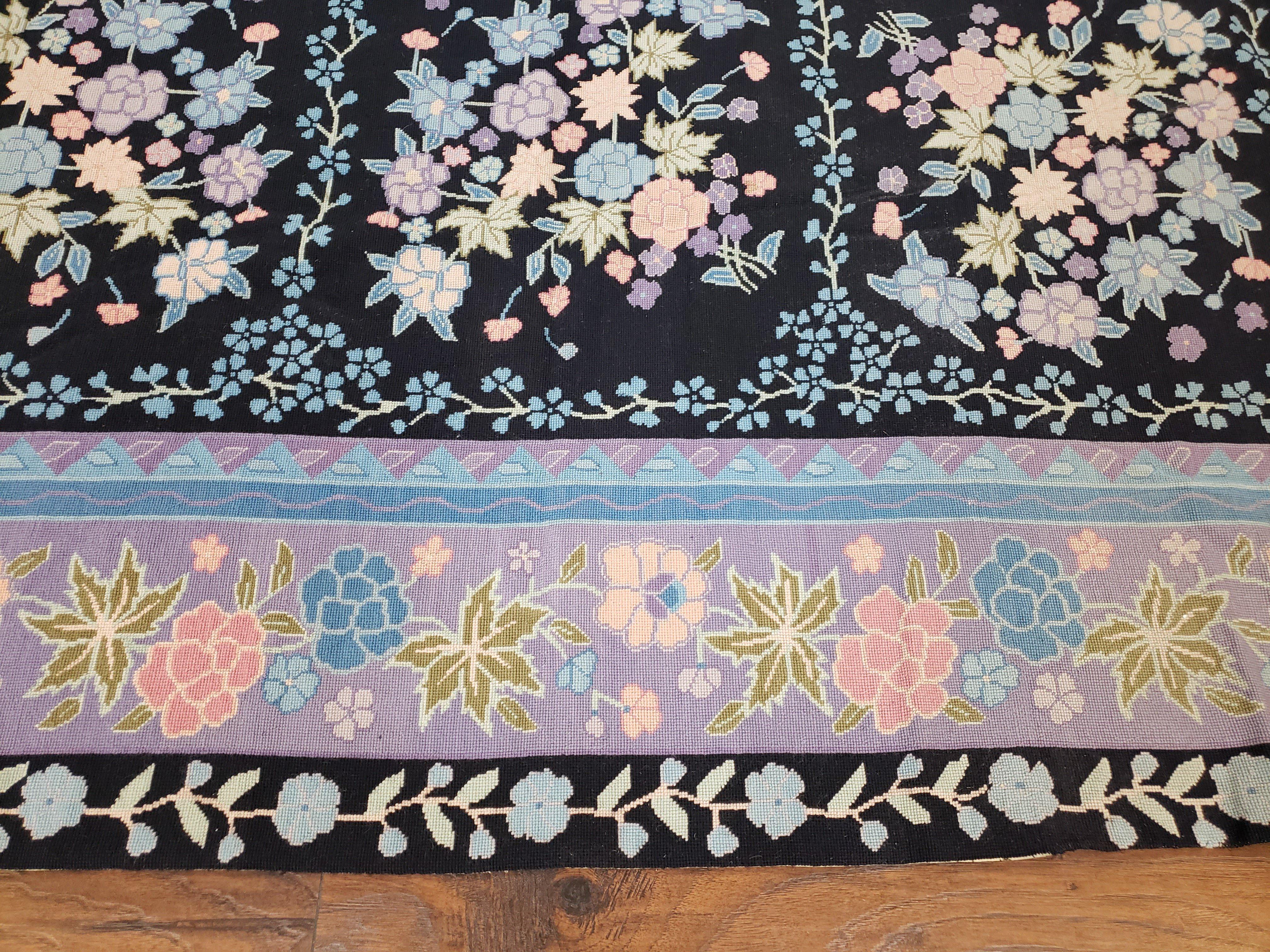 Chinese Needlepoint Rug 8 x 11.4, Hand-Woven Area Carpet, Flatweave Rug, Black Blue Light Violet Floral Garden European Design Wool Aubusson - Jewel Rugs