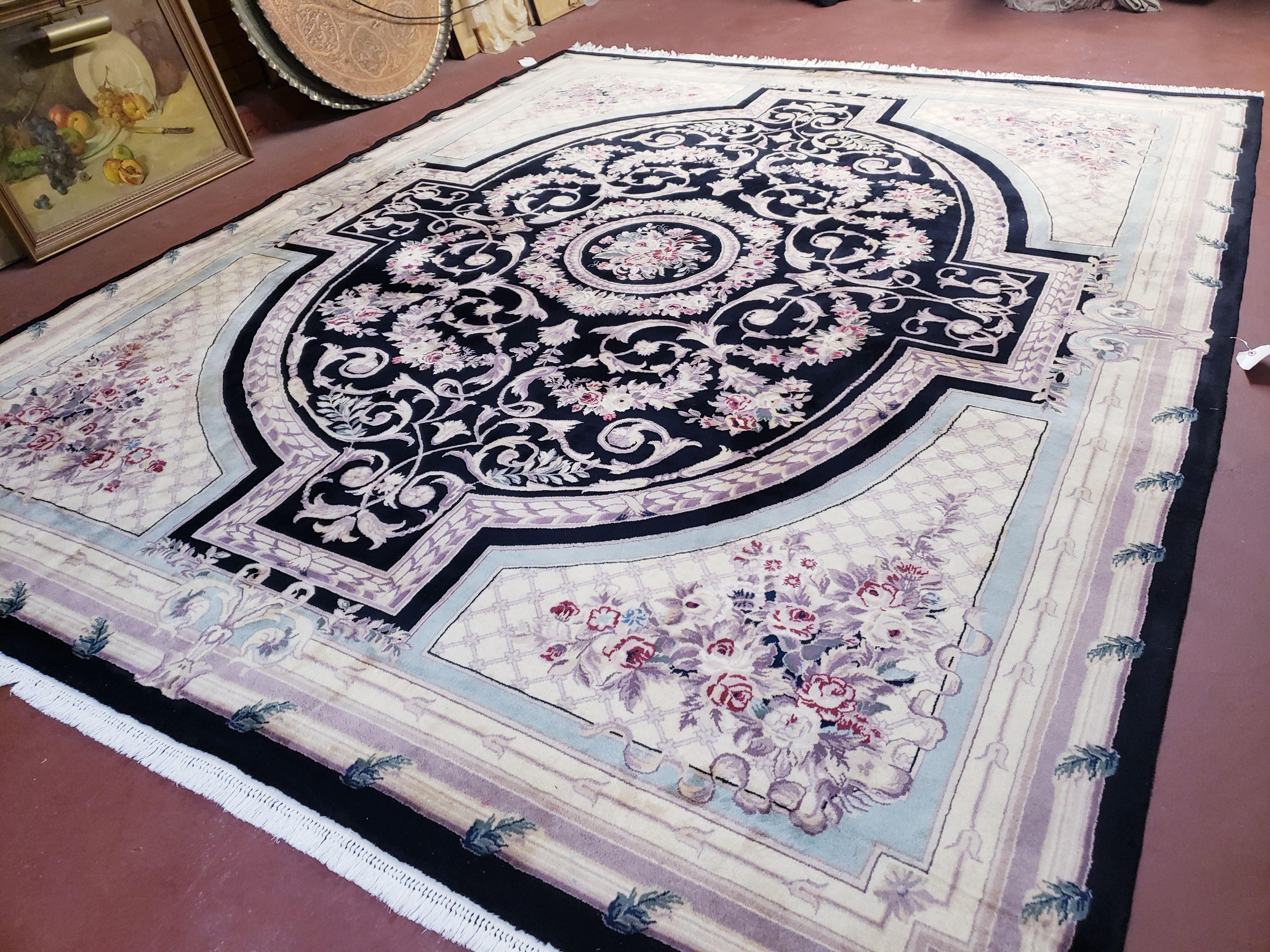 8x10 Aubusson Rug, Fine Hand Knotted Wool Carpet, French European Design, Black & Ivory - Jewel Rugs