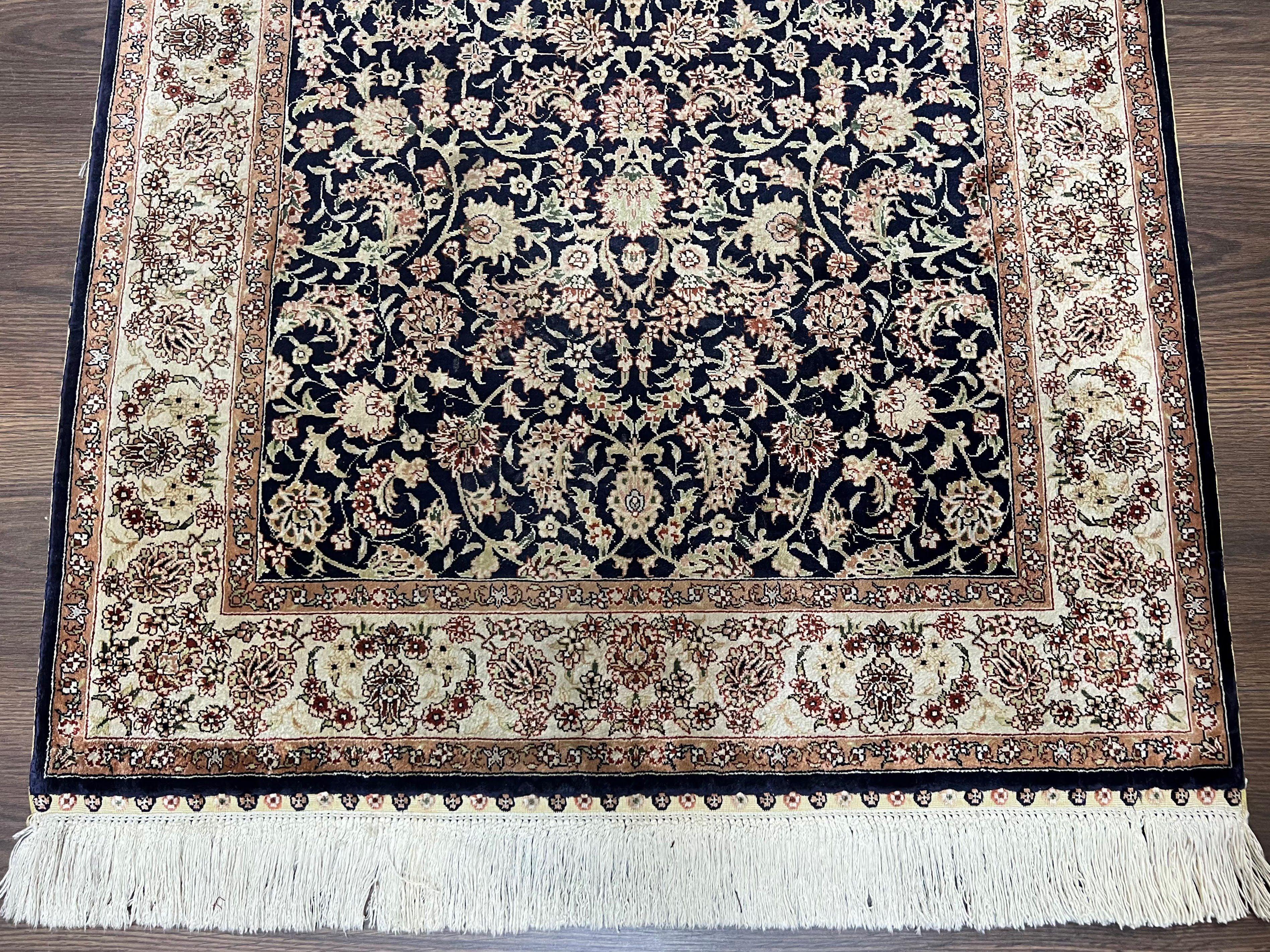 Silk Turkish Hereke Rug 2.5 x 4, Silk on Silk, Super Fine Black and Cream Floral Oriental Carpet, Signature Master Weaver, Handmade Vintage - Jewel Rugs