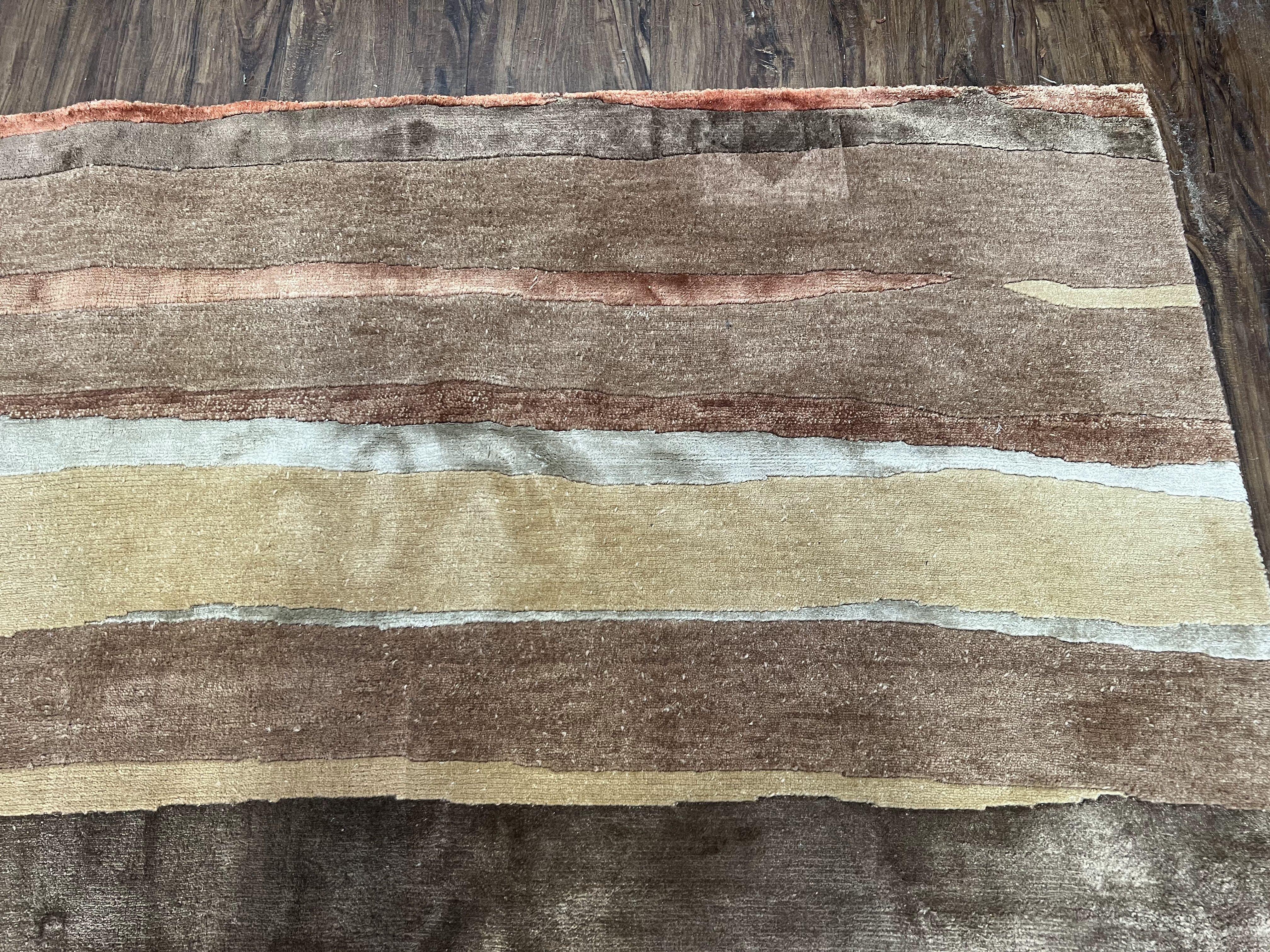 Modern Tibetan Rug 8x11 Nepali Carpet, Shiny Velvely Soft Wool and Silk, Contemporary Hand Knotted Rug, Striped Design, Wool Area Rug 8 x 11 - Jewel Rugs