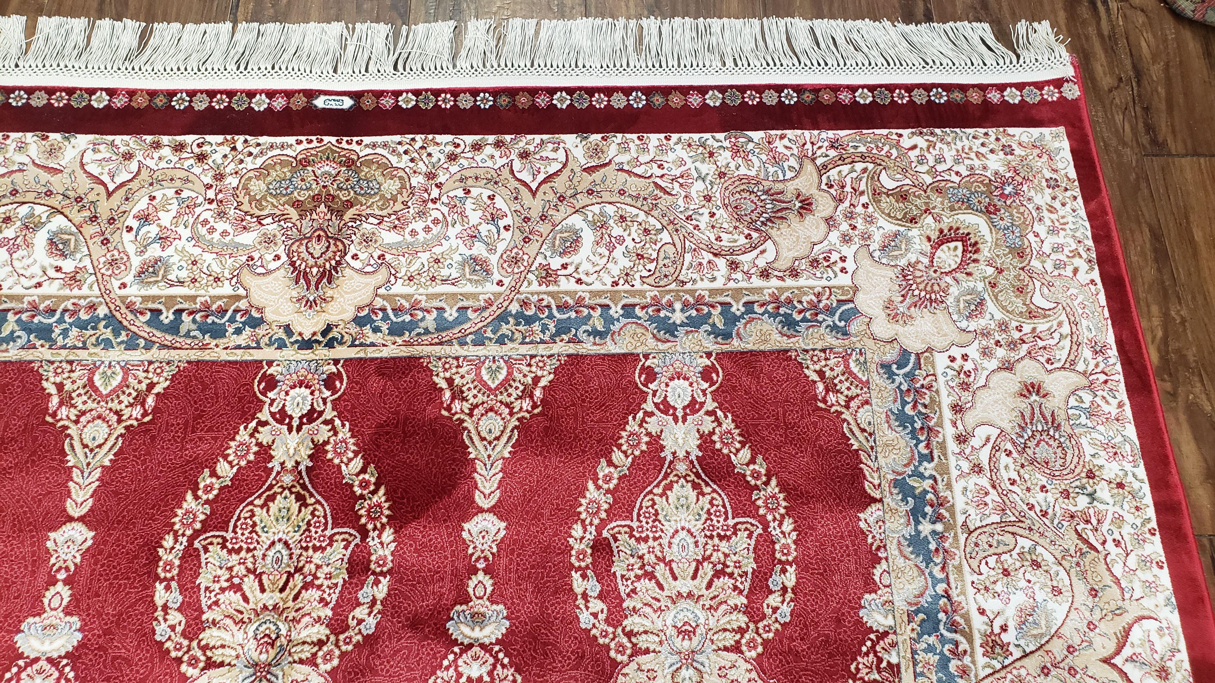 Dark Red Silk Carpet 5.3 x 7.6 ft, 5x8 Silk Rug, New Turkish Silk Carpet, Mint Condition, Beige & Red Area Rug, Bamboo Silk, High Quality - Jewel Rugs