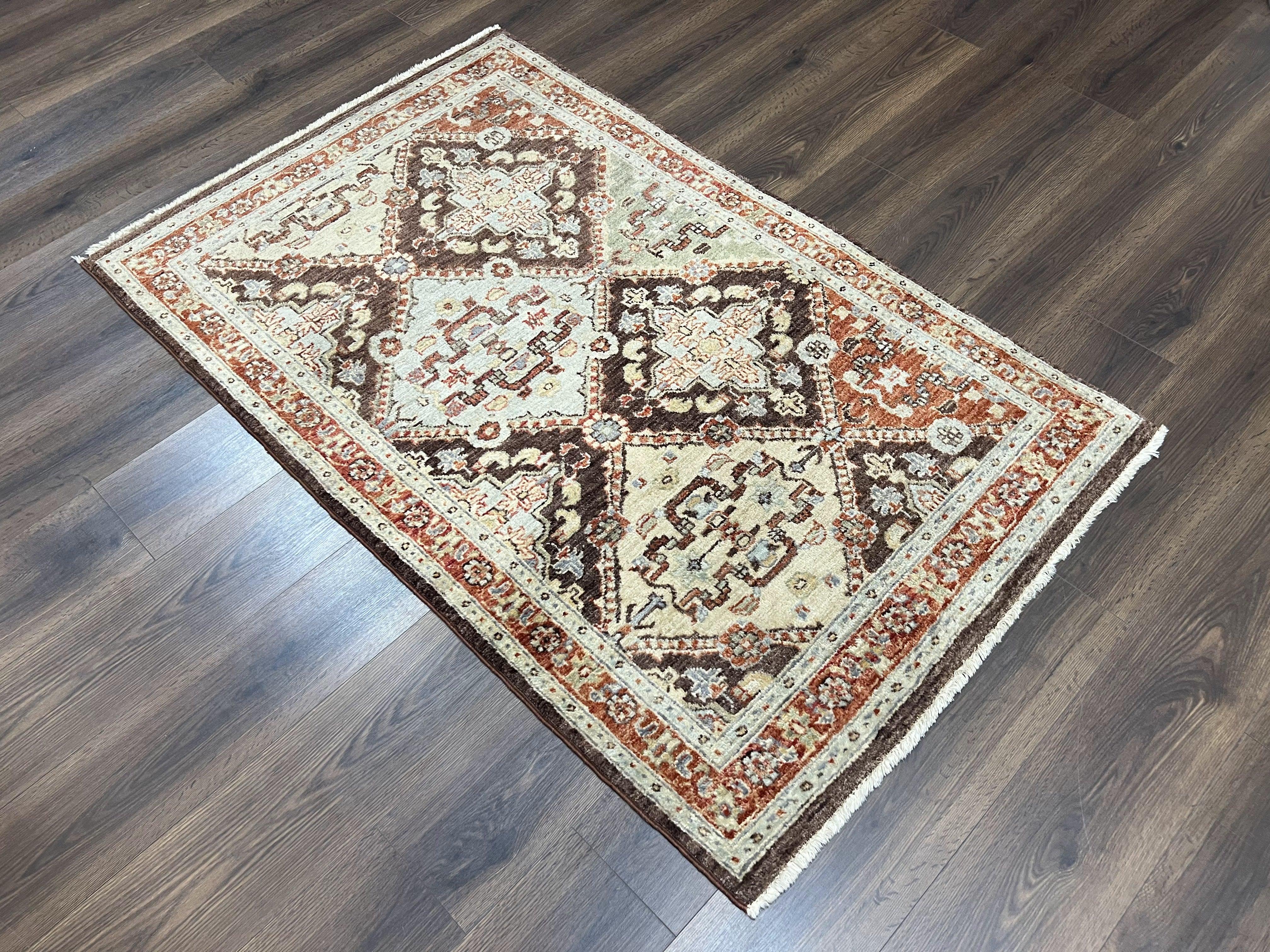 Indo Persian Rug 3.7 x 5.7, Multicolor Diamond Panel, Hand Knotted Wool Rug, Entryway Foyer Rug, Brown and Cream, Indian Oriental Carpet 4x6 - Jewel Rugs