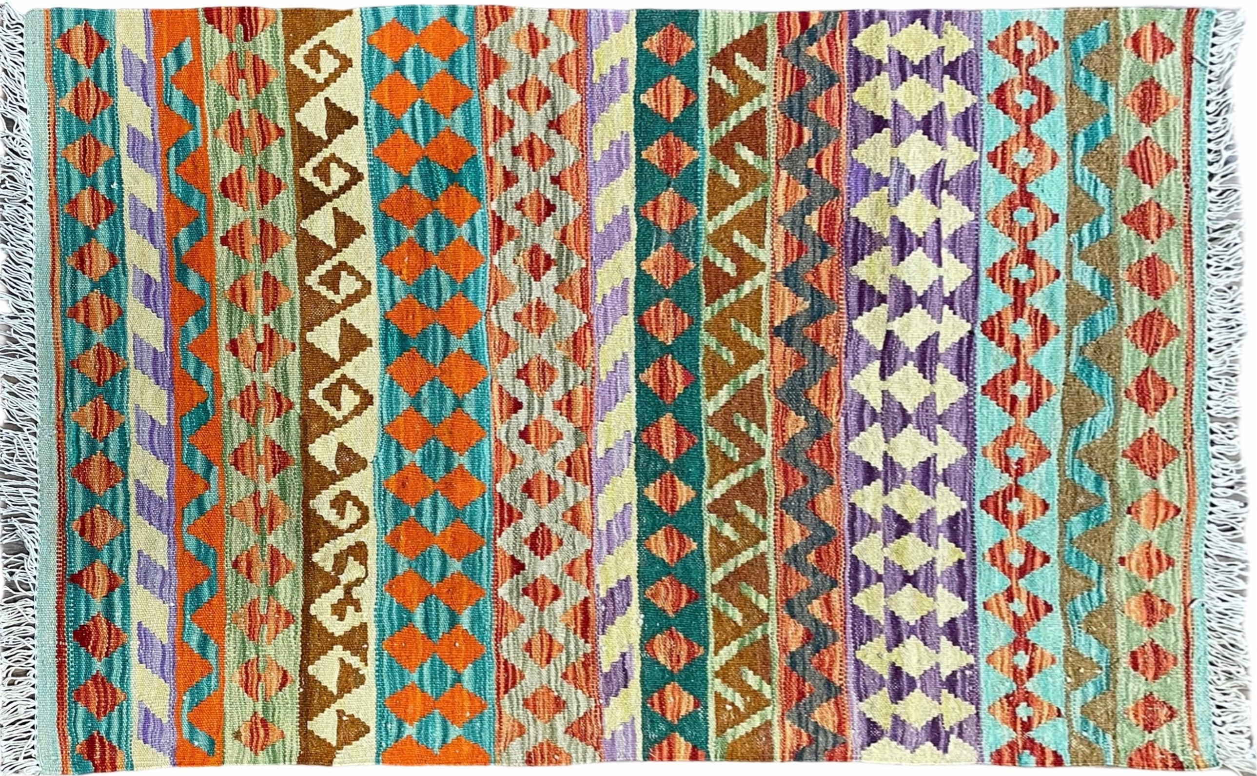 New 3x4 Kilim Rug Colorful Striped Kilim Rug Small Flatweave Multicolor Kilim 3 x 4 Small Kilim Wool Rug, Tribal Turkish Anatolian Kilim Rug - Jewel Rugs