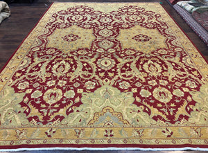 Large Indian Flatweave Rug 10x13, Floral Handmade Wool Carpet 10 x 13, Large Vintage Area Rug, Maroon and Beige-Gold, Oriental Agra Rug