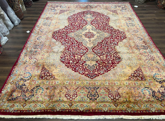 Persian Rug 9x12, Kirman DeLuxe, Millefleur Floral Medallion Carpet, Maroon Light Blue Beige, Semi Antique Authentic Hand Knotted Wool Rug - Jewel Rugs