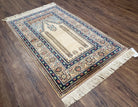 Vintage Silk Turkish Prayer Rug 3x4 - 3x5, Silk on Cotton Hand-Knotted Handmade, Light Yellow & Blue Traditional Small Prayer Carpet - Jewel Rugs