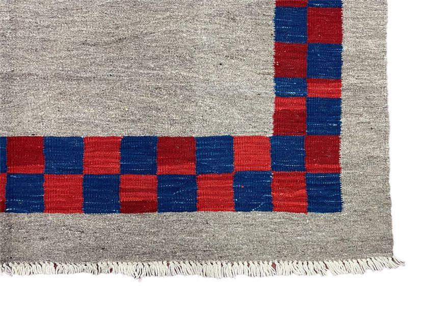 5' 7" x 7' 9" Geometric Kilim Carpet, Gray, Handmade, Hand-Knotted Area Rug, Blue & Red, Flatweave, Wool, New, Checkerboard Pattern - Jewel Rugs