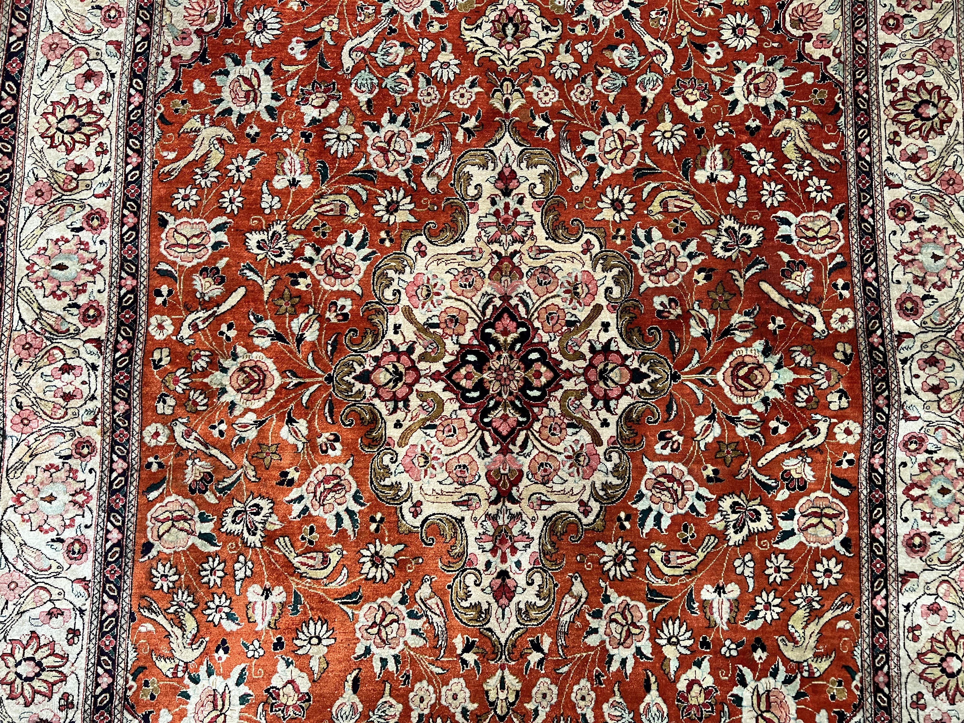 Persian Qum Silk Rug 5x7 - Floral Medallion, Birds, Orange-Red - Jewel Rugs
