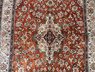 Stunning Persian Qum Silk Rug 5x7, Silk on Silk Carpet, Floral Medallion Birds, Burnt Orange and Cream, High KPSI, Very Fine Vintage Oriental Ghom Carpet, Authentic - Jewel Rugs