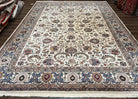 Large Indo Persian Rug 10x14, Hand Knotted Wool Area Rug 10 x 14, Vintage Oriental Carpet, Allover Floral, Indian Mahal, Ivory and Teal Rug - Jewel Rugs