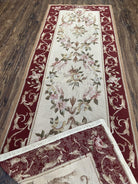 Needlepoint Runner 2.6 x 8 ft, French European Floral Vintage Rug, Beige/Cream Maroon Pink Flowers, Flatweave Runner 8 ft Long Hand Woven - Jewel Rugs