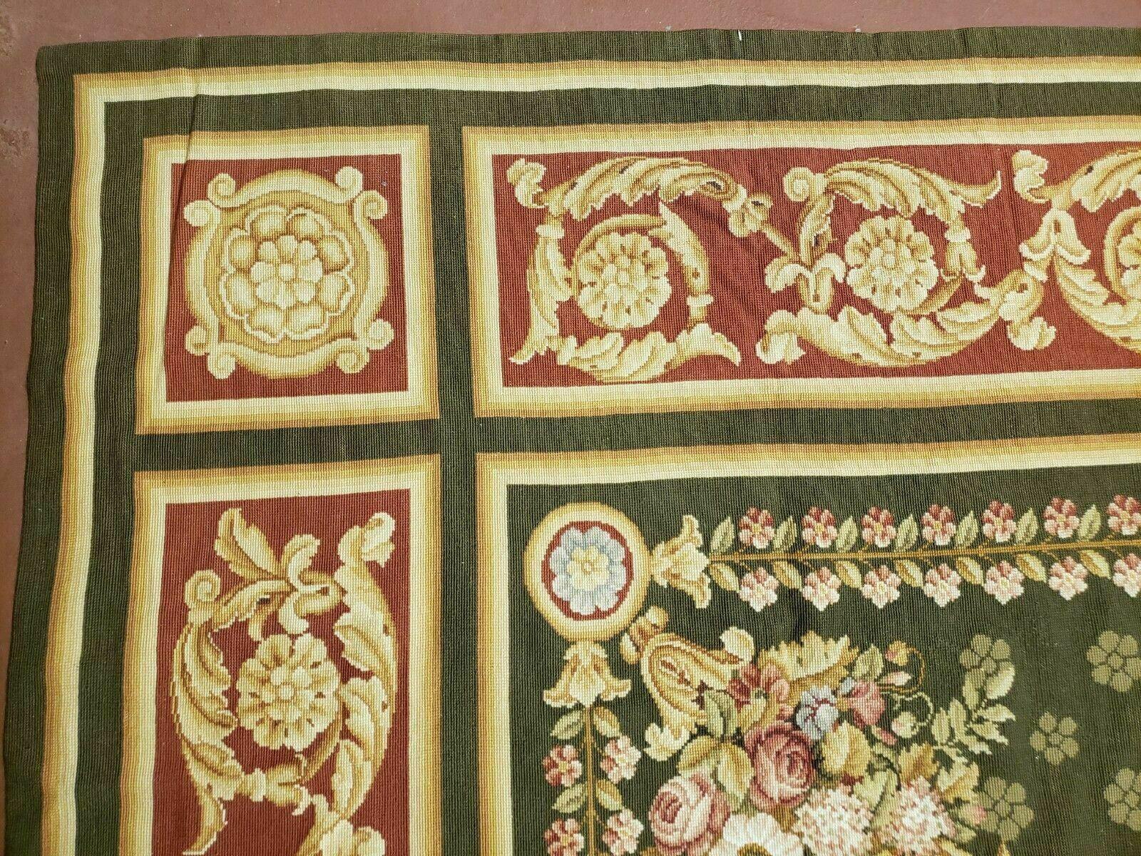 10' X 14' Vintage Handmade English Design Needlepoint Wool Rug Flat Weave Green - Jewel Rugs