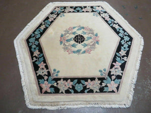 4' 7" X 4' 7" Vintage Handmade Chinese Floral Oriental Hexagon Wool Rug Carpet - Jewel Rugs