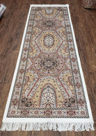 3x8 Bamboo Silk Runner Rug, Power-Loomed New Silk Rug, Turkish Rug Short Runner, Persian Runner Rug 3 x 8, Traditional Medallion Dark Beige - Jewel Rugs