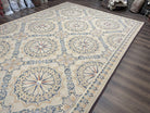 Large Wool Needlepoint Rug 10x14, Vintage Chinese Needlepoint Carpet 10 x 14, Diamond Panel, Room Sized Flatweave Rug, Handwoven Beige Blue - Jewel Rugs