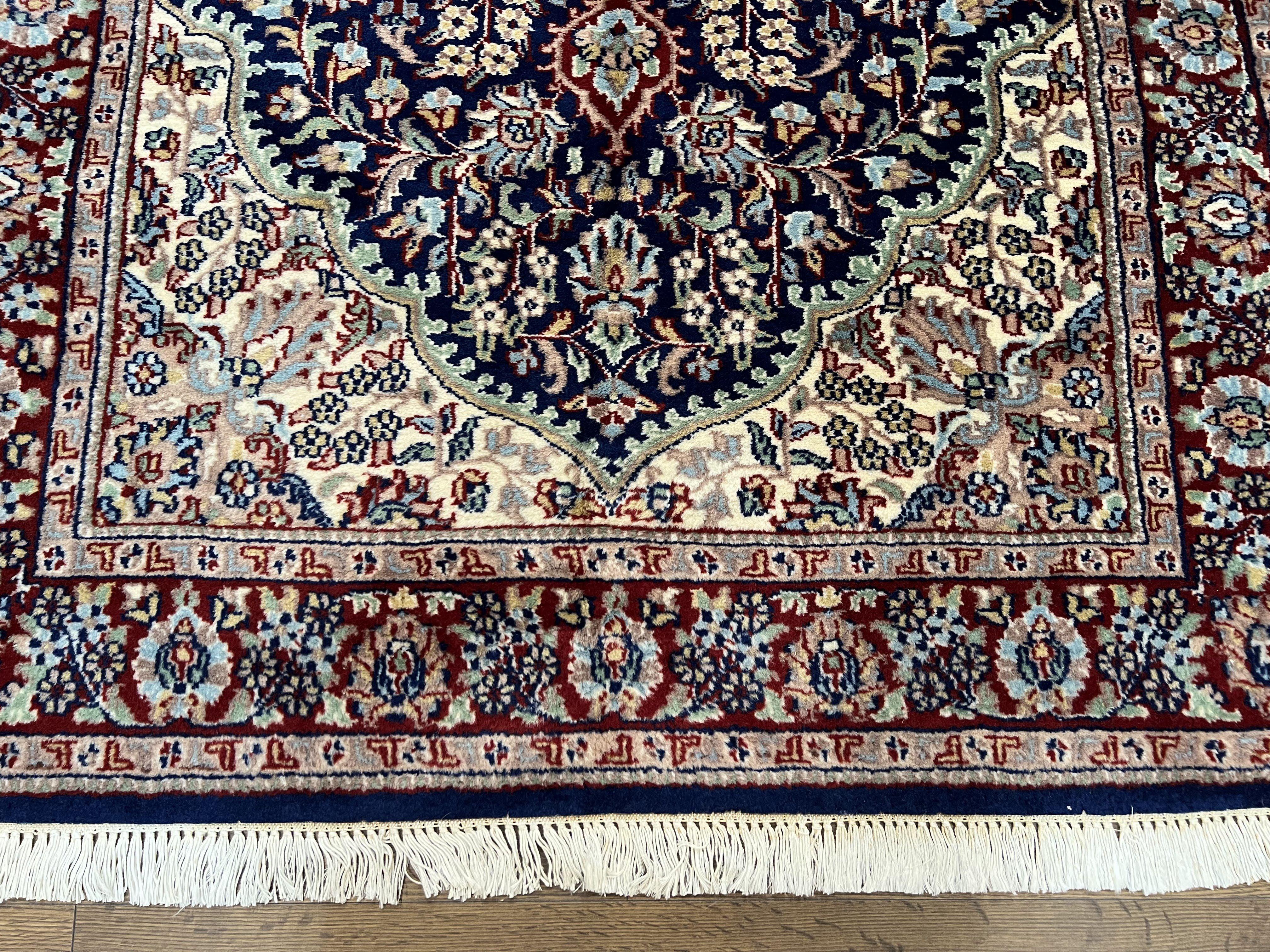 Indo Persian Rug 4 x 6.5, Navy Blue and Ivory/Cream, Hand-Knotted Wool Indian Oriental Carpet, Floral Medallion, Traditional Entryway Rug - Jewel Rugs