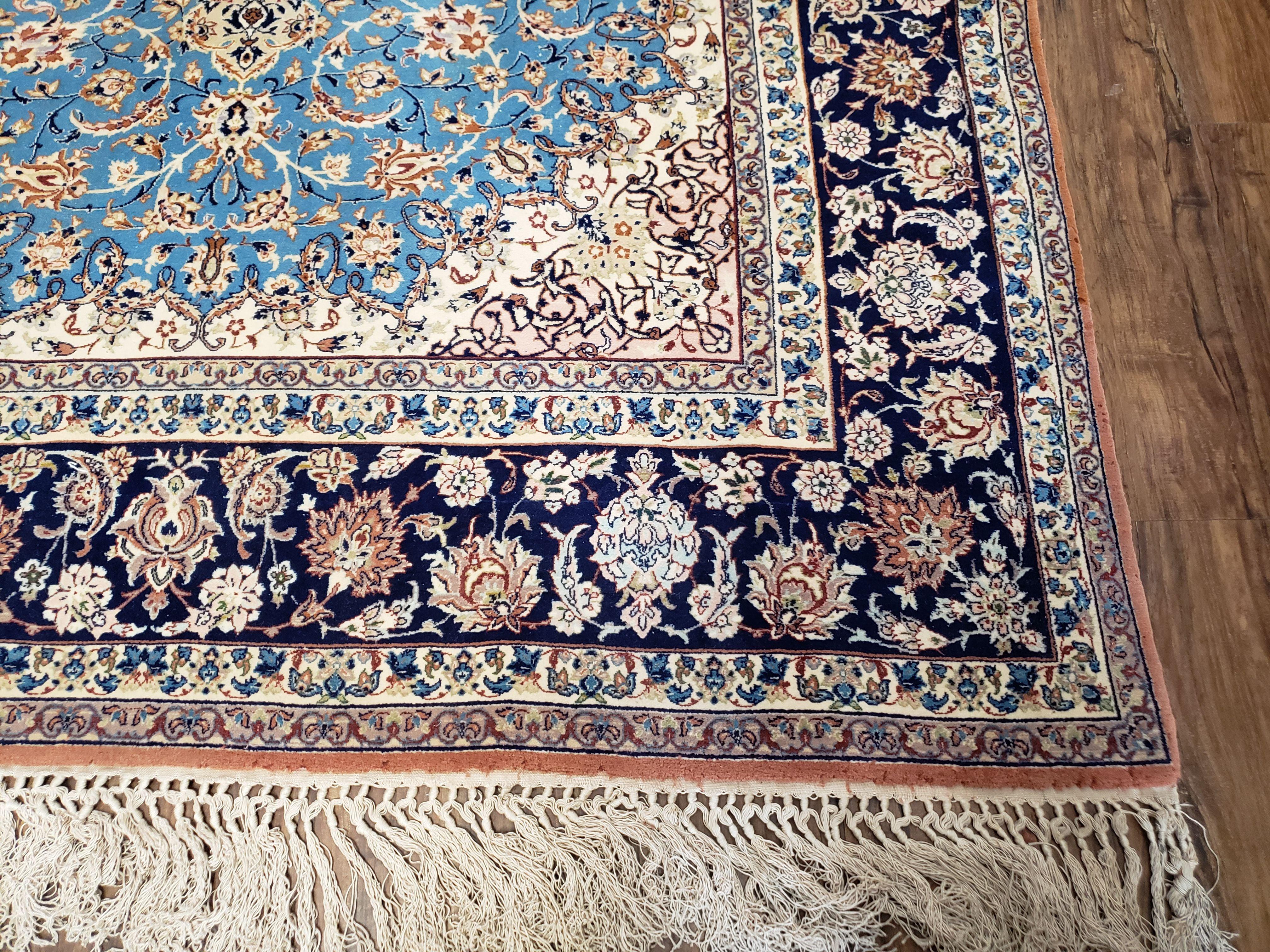 Semi Antique Persian Isfahan Rug, Kork Wool on Silk Foundation, Sky Blue, Hand-Knotted, 5' 1" x 7' 8" - Jewel Rugs