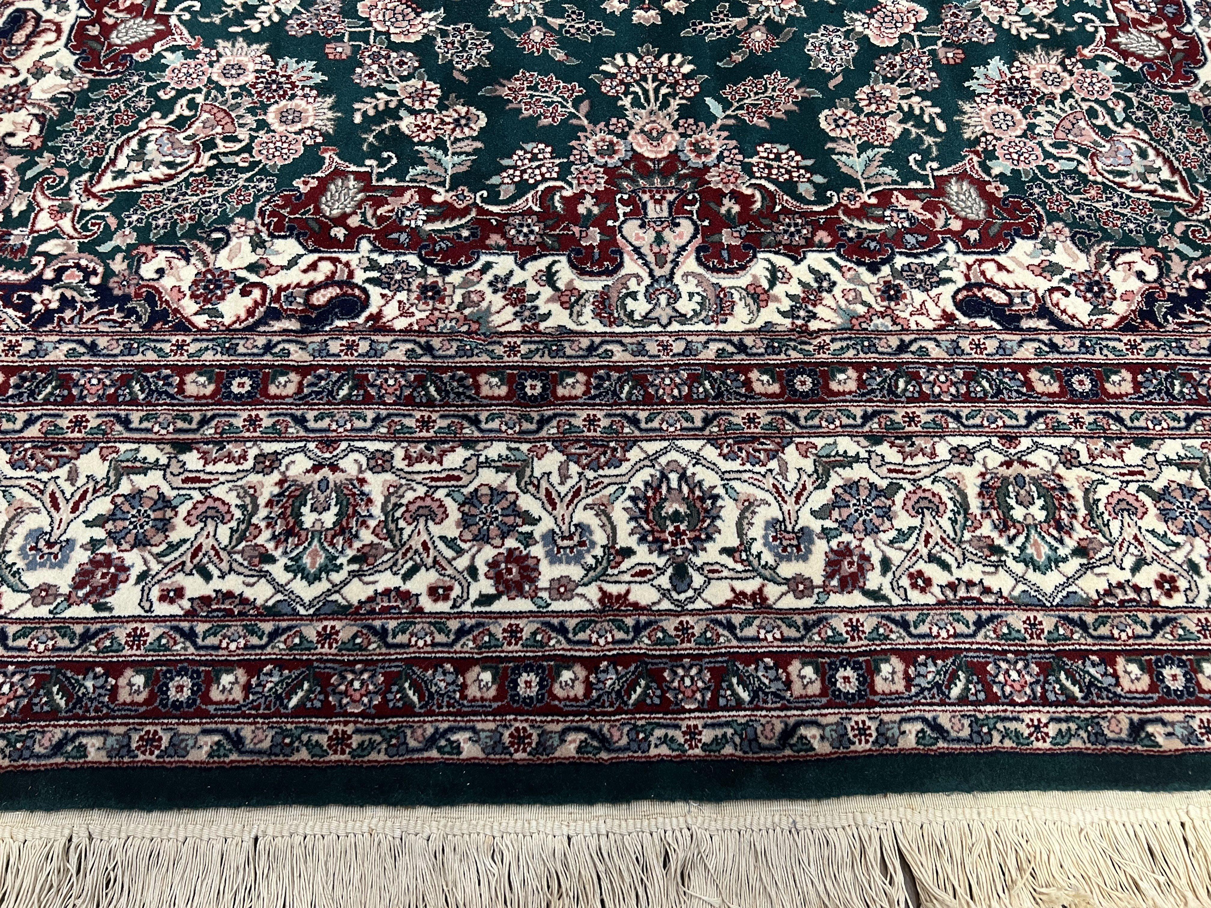 Indo Persian Rug 8x10 Area Rug, Vintage Rug 8 x 10 Oriental Carpet Hand-Knotted Room Sized Wool Rug Green and Ivory Allover Floral Medallion - Jewel Rugs