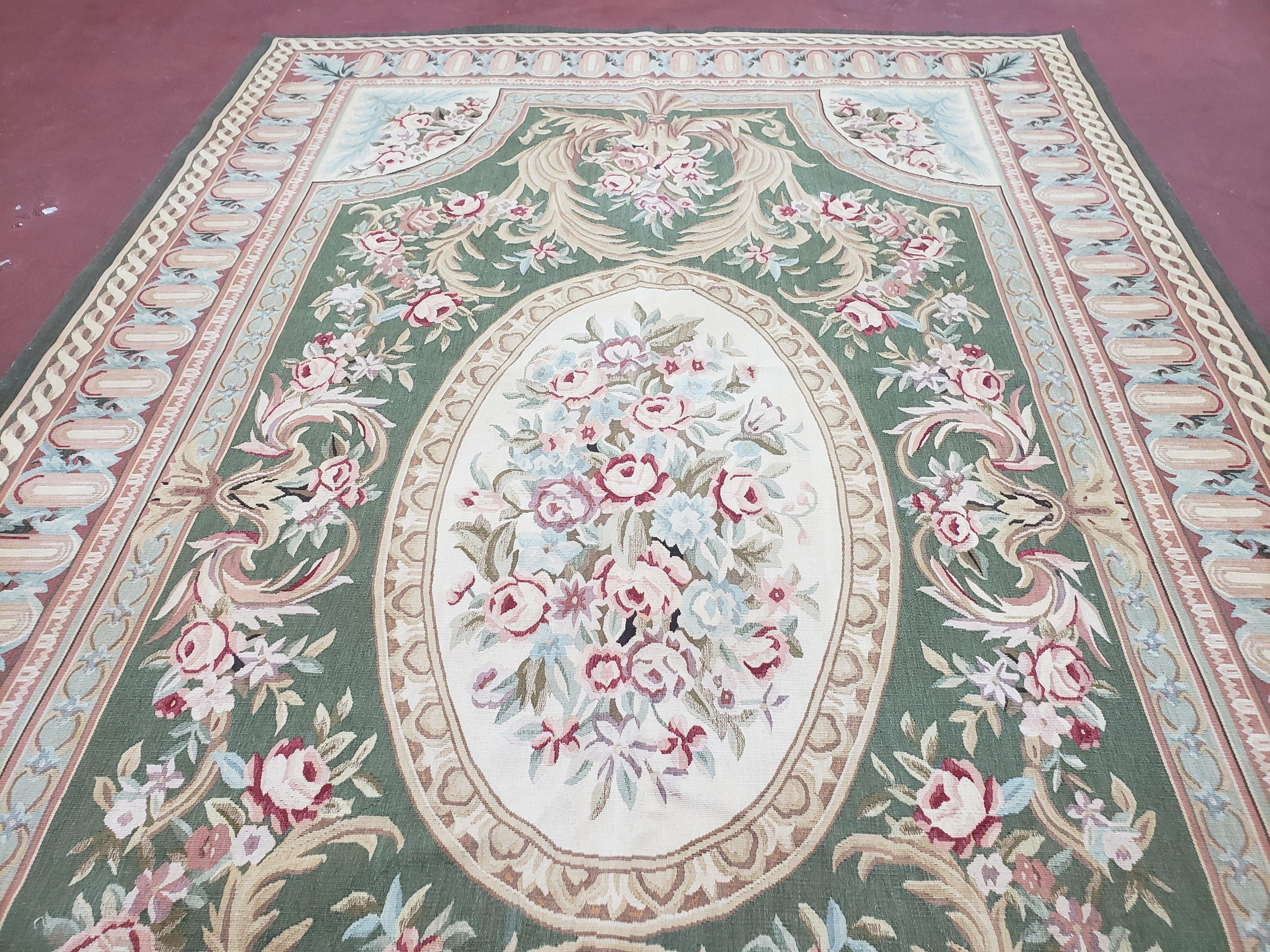 6x9 Aubusson Rug, New Aubusson Rug, Green Aubusson, Green Light Blue Ivory, Flatweave Rug, 6 x 9 Area Rug, Handmade Rug, Elegant Rug, Wool - Jewel Rugs