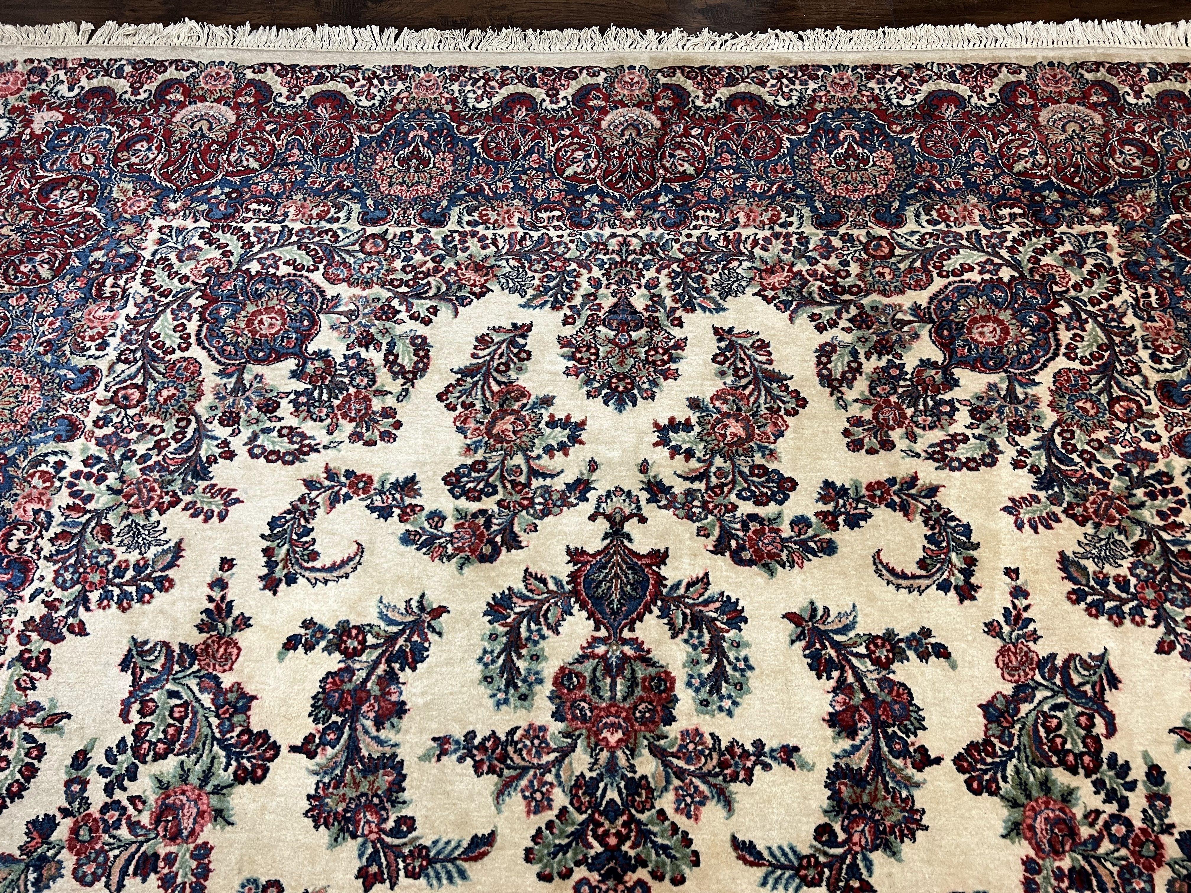 Beautiful Oversized Persian Kirman Rug 9x18 ft, Palace Sized Wool Handmade Oriental Carpet 9 x 18, Ivory Cream Dark Red Blue, 1940s Vintage Floral - Jewel Rugs