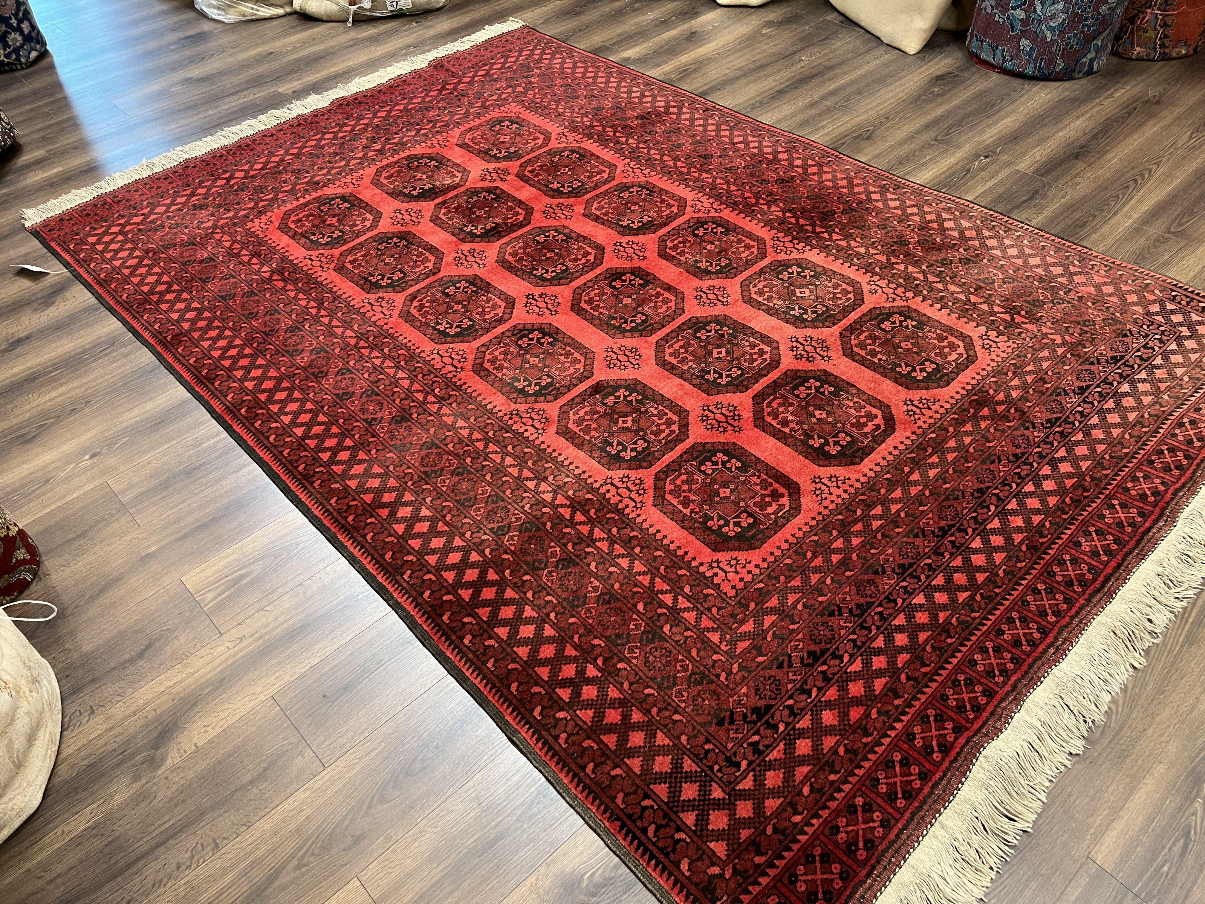 Afghan Turkoman Rug 7x10, Vintage Yamud Beshir Bokhara Carpet, Red and Black Bukhara Hand-Knotted Oriental Wool Handmade Rug, Elephant Foot - Jewel Rugs