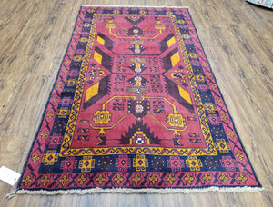 Vintage Balouchi Rug 3.8 x 6.4 ft, Small Baluch Carpet, Hand-Knotted Vivid Colors, Wool Nomadic Tribal Rug, Bohomenian Area Rug, Red Blue - Jewel Rugs