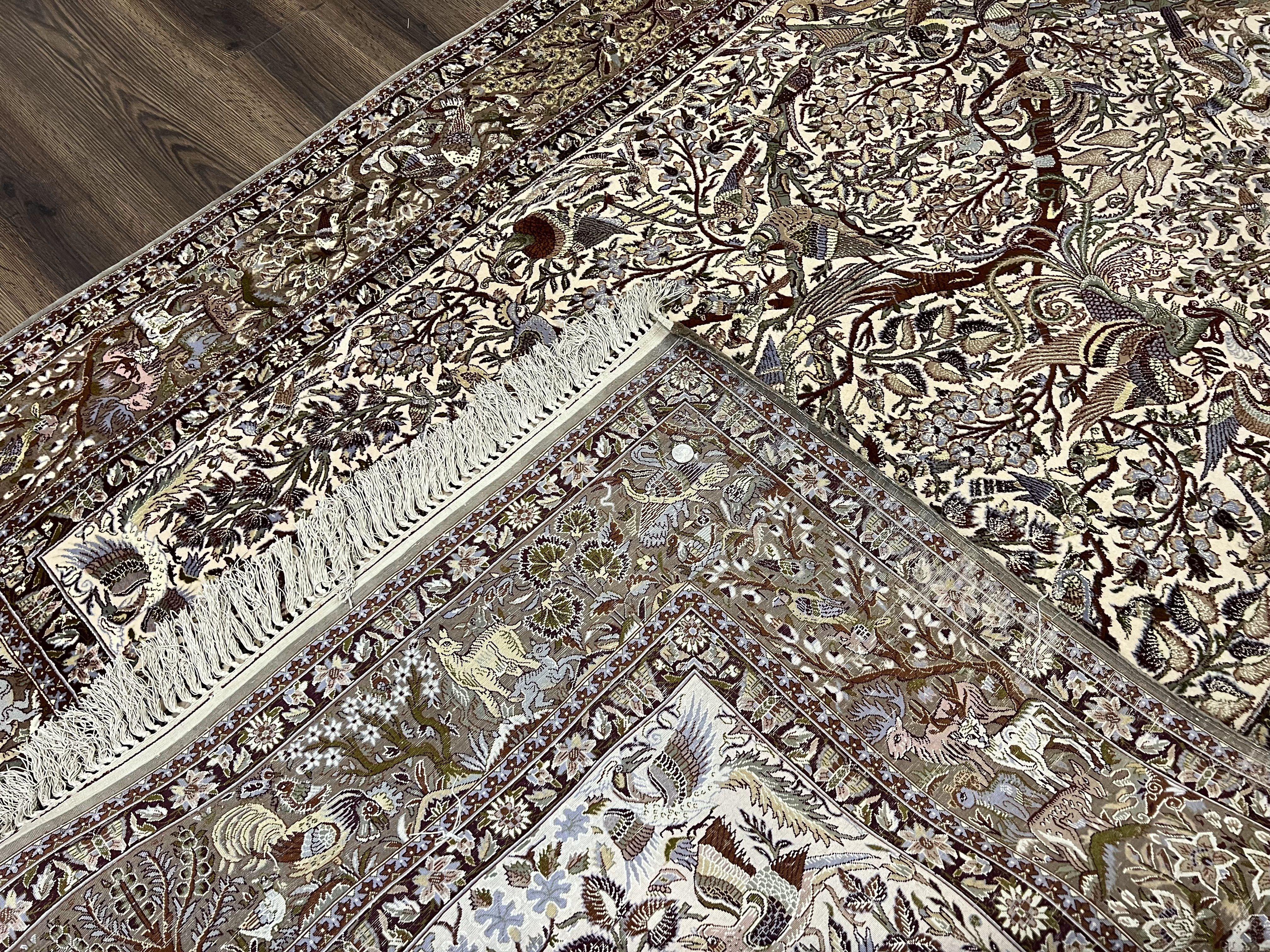 Stunning Persian Isfahan Rug 5x8, Animal Pictorials - Birds Peacocks, Fine & Highly Detailed, Kork Wool on Silk Foundation, Tree of Life, Hand-Knotted, Cream - Jewel Rugs