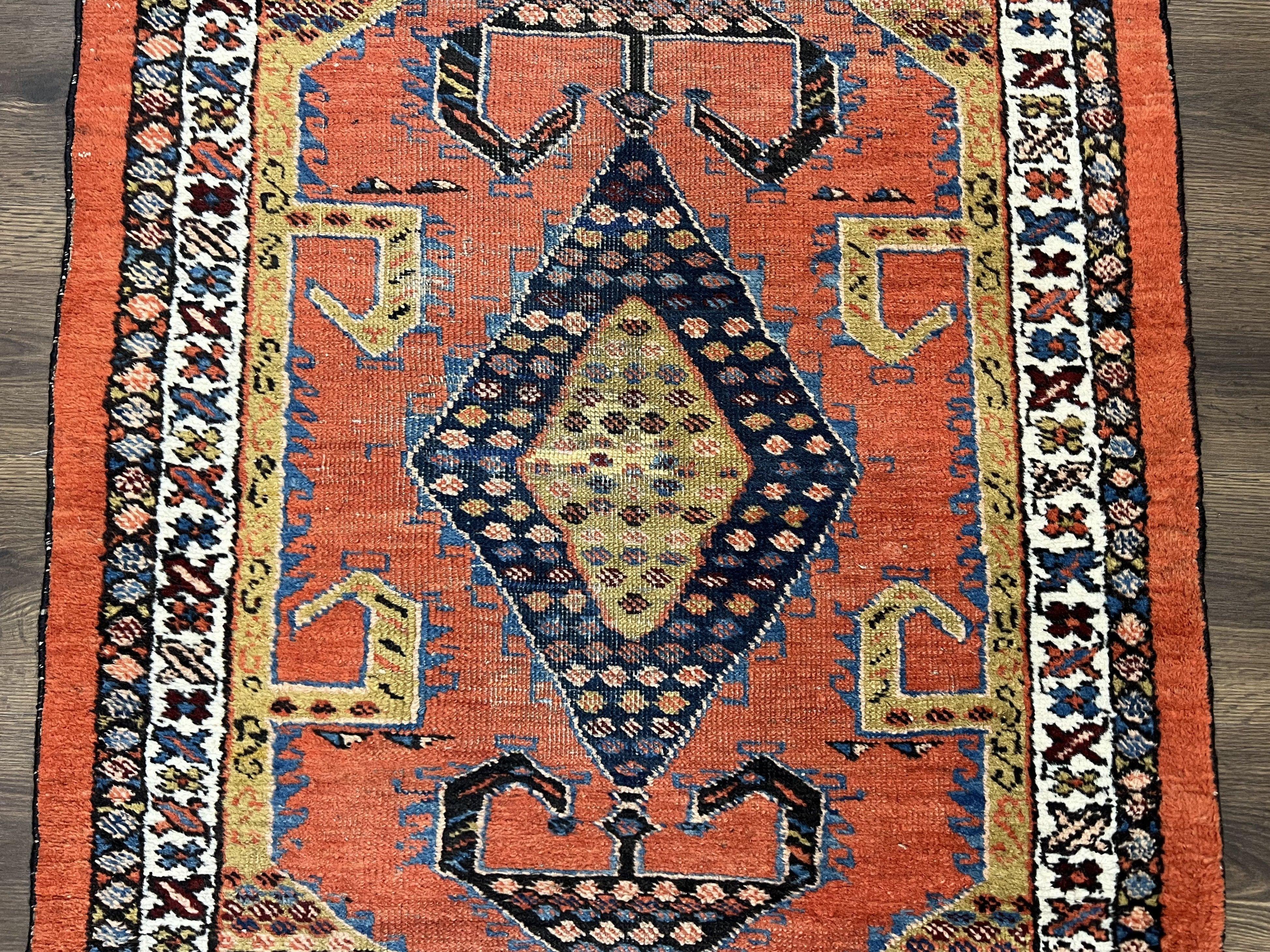 Rare Persian Tribal Runner Rug 3 x 11, Sarab Serab Persian Runner, Antique 1920s Collectible Geometric Medallions Oriental Wool Runner, Hand Knotted, Bright Orange-Red - Jewel Rugs