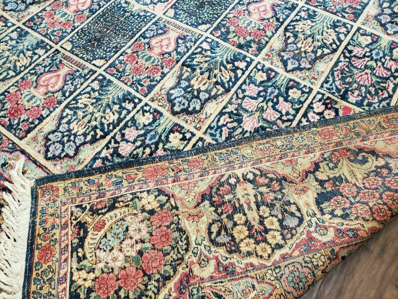 Persian Rug 10x15, Authentic Oriental Carpet 10 x 15, Wool Area Rug Panel Design Hand-Knotted Vintage Kirman Yazd Rug, Dark Blue and Beige, Floral - Jewel Rugs