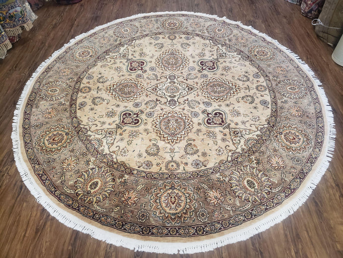 8ft Round Pak-Persian Rug, Round Fine Oriental Carpet, Vintage Hand-Knotted Rug 8x8, Highly Detailed, Haji Jalili Design, Beige & Tan, Wool - Jewel Rugs