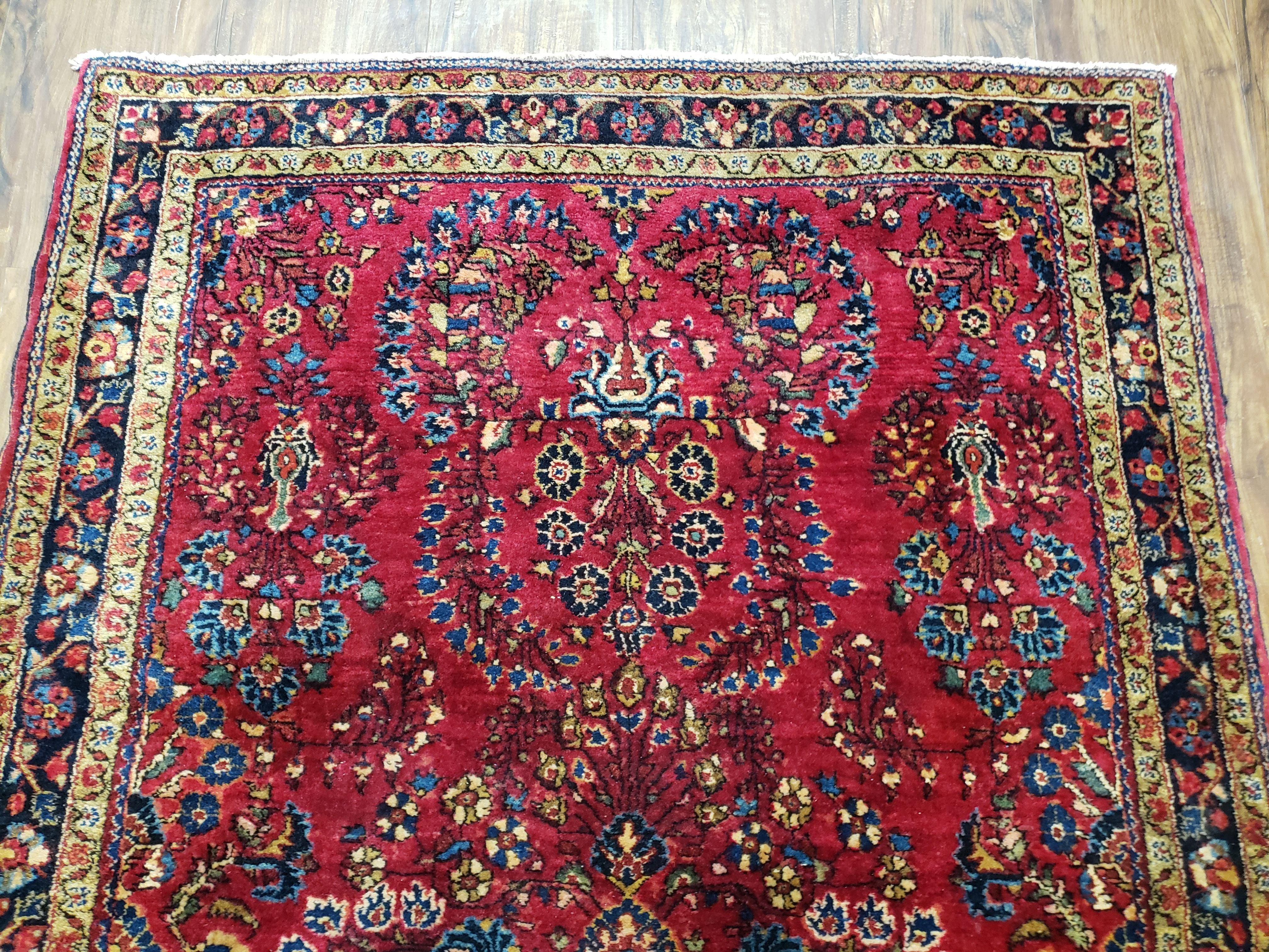 Antique Persian Sarouk Rug, Red, Allover Floral Pattern, Hand-Knotted, Wool, 3'4" x 4'11" - Jewel Rugs