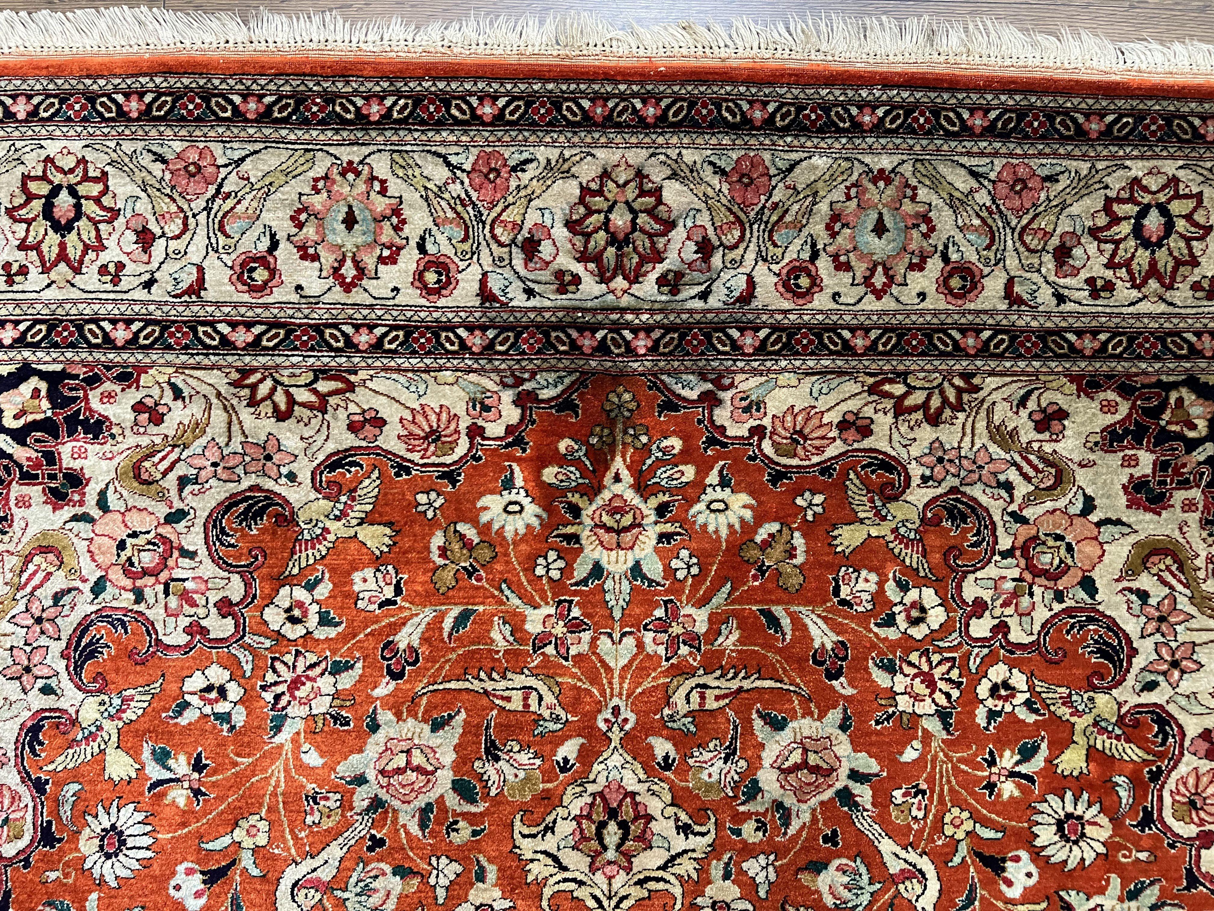 Stunning Persian Qum Silk Rug 5x7, Silk on Silk Carpet, Floral Medallion Birds, Burnt Orange and Cream, High KPSI, Very Fine Vintage Oriental Ghom Carpet, Authentic - Jewel Rugs