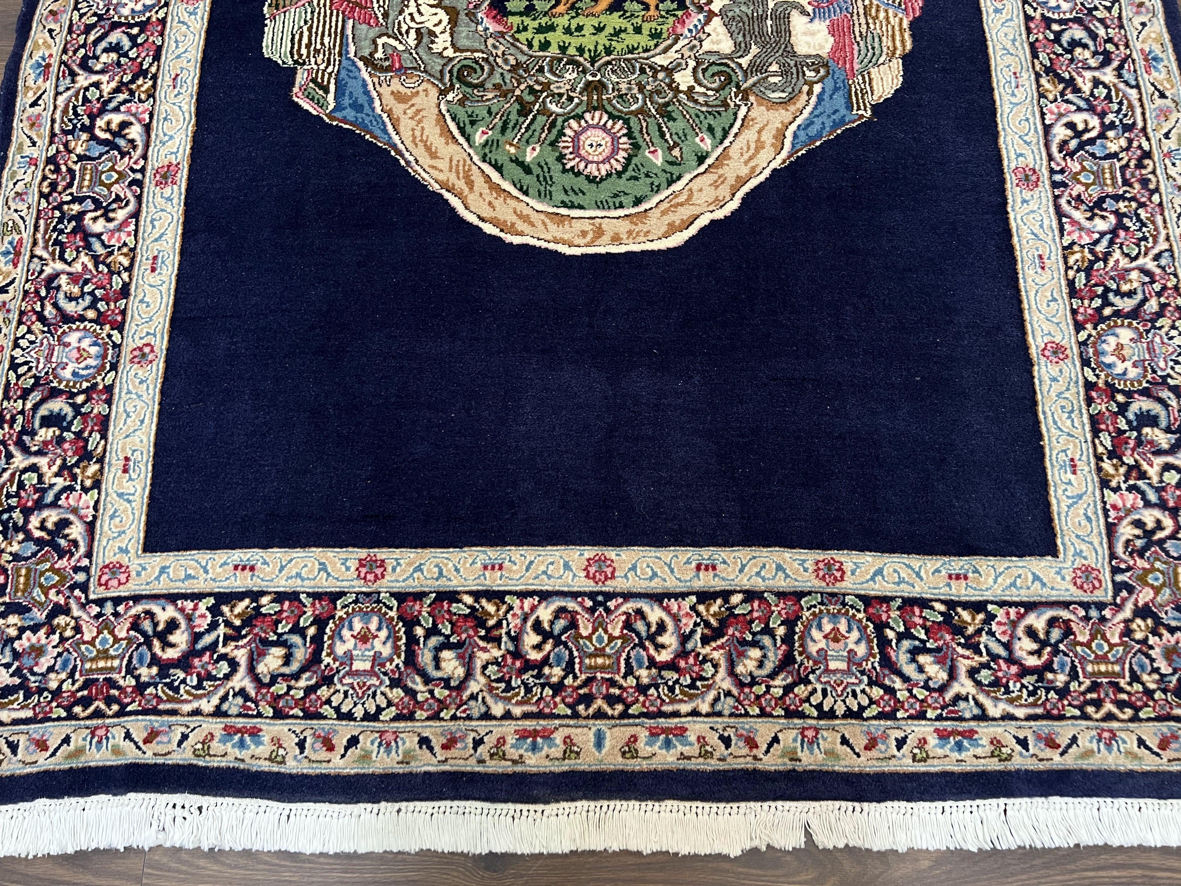 Persian Kirman Rug 5x8, Navy Blue and Beige, Persian Lion with Sword and Sun Motif, Hand Knotted Wool Fine Oriental Carpet, Semi Antique - Jewel Rugs