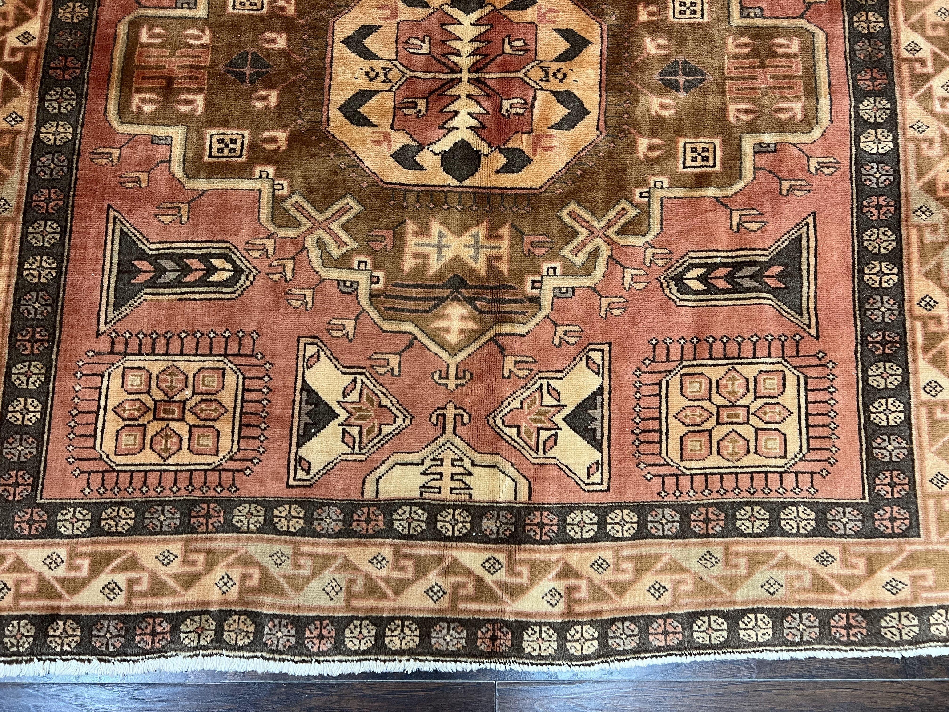 Wide Persian Ardabil Runner Rug 5x11, Vintage Semi Antique Handmade Wool Hallway Corridor Carpet, Geometric Caucasian Kazak Pattern, Salmon Cream - Jewel Rugs