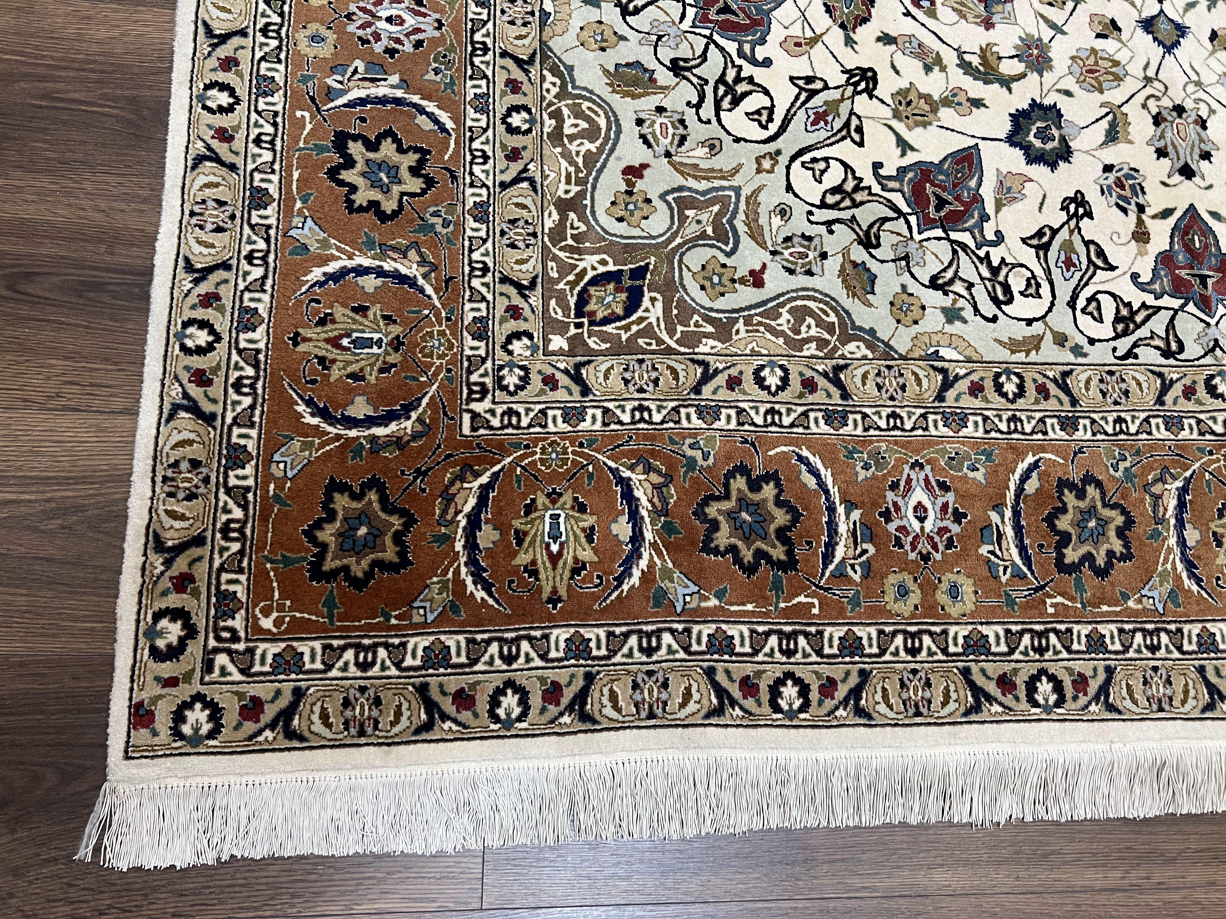 Wonderful Persian Rug 7x10, Floral Medallion, Very Fine Persian Tabriz Oriental Carpet, Vintage, Ivory/Cream, Hand Knotted Rug, Room Sized Rug, Traditional - Jewel Rugs