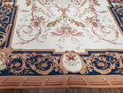 Chinese Aubusson Savonnerie Area Rug 6x8, Vintage Hand-Woven Needlepoint Rug, Flat Weave Handmade Wool Carpet Living Room Ivory & Navy Blue - Jewel Rugs